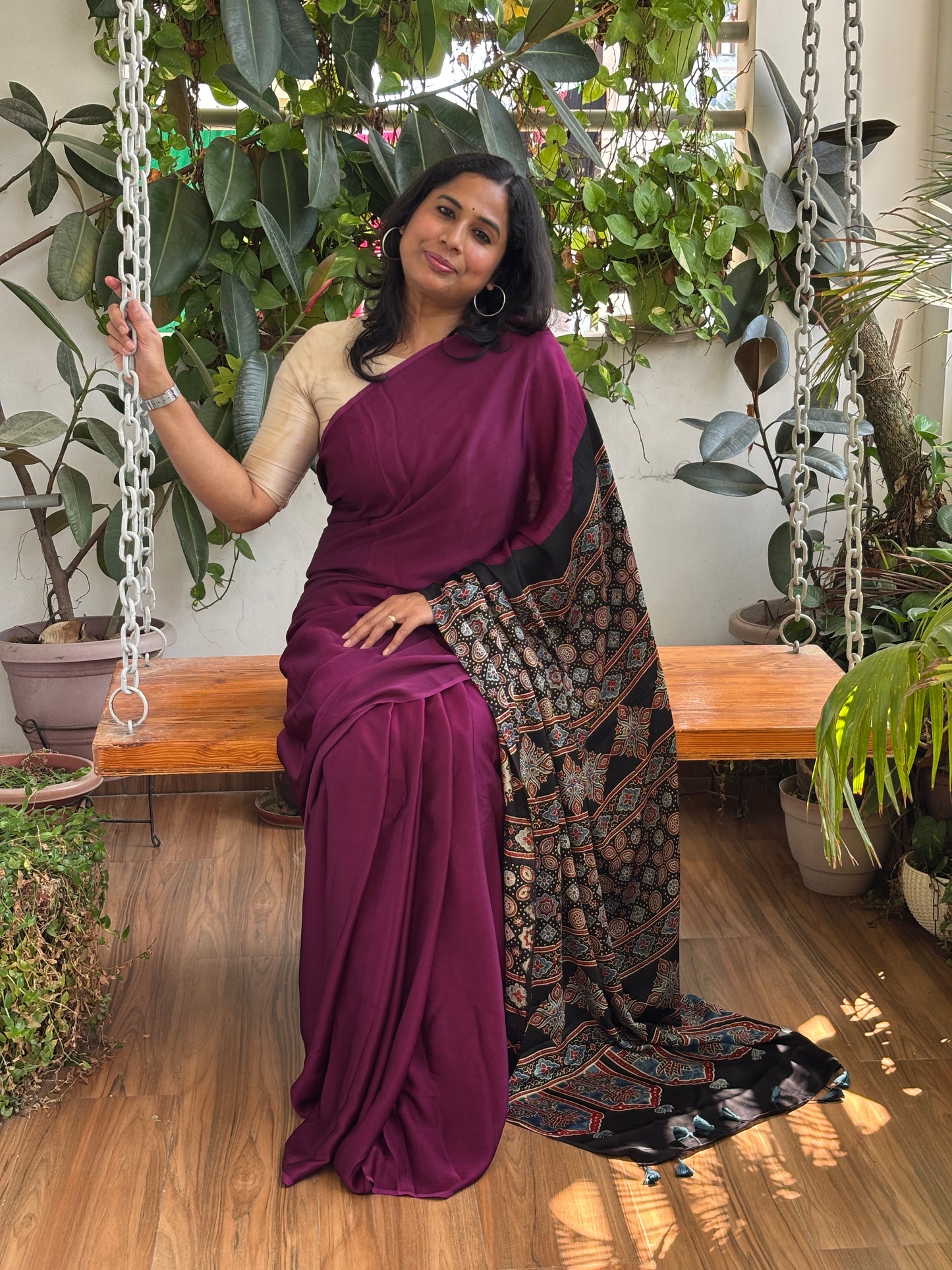 Crushed Berry- Wine Colour Body and Natural Dyed Ajrakh Anchal Premium Modal Saree