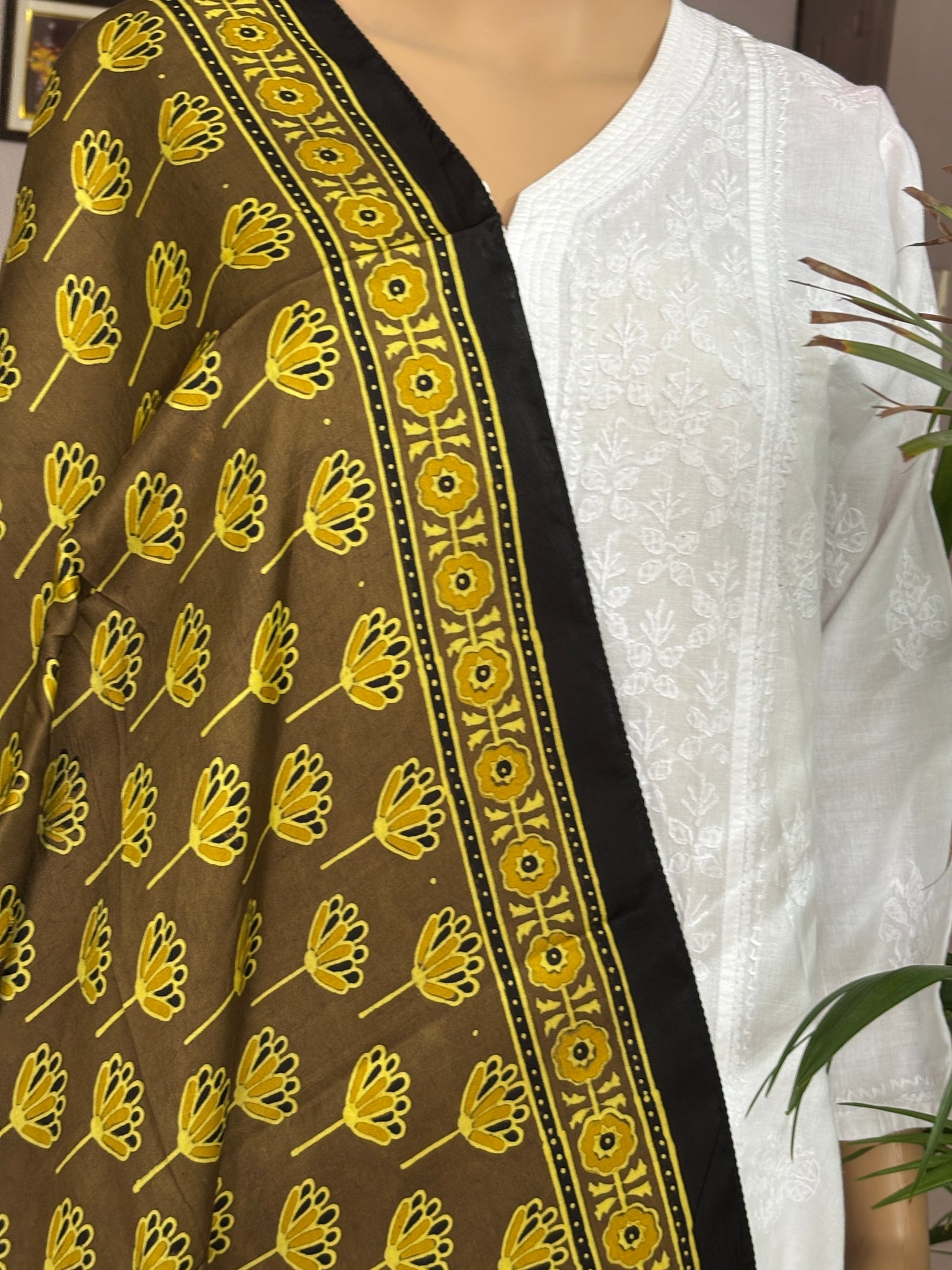 Earthen Yellowish Brown Natural Dyed Ajrakh Hand Block Printed Small Floral Modal Stole