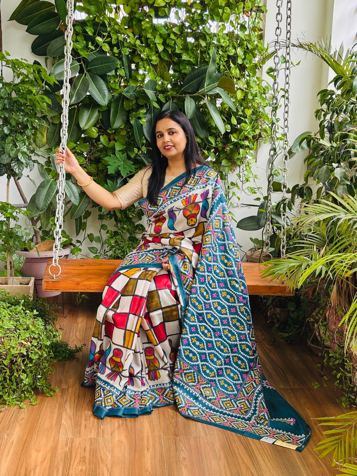 Gujarati Hand Embroidered Pure Tussar Silk Saree With Contemporary Hand Paint