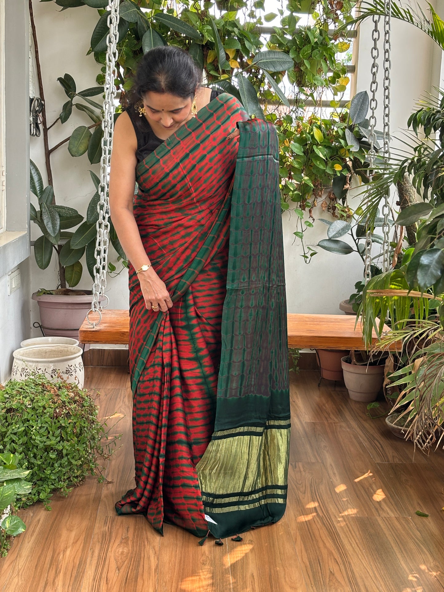 Bamboo Grass - Hand Shibori Tie and Dye Pure Modal Saree With Lakdi Patta Anchal