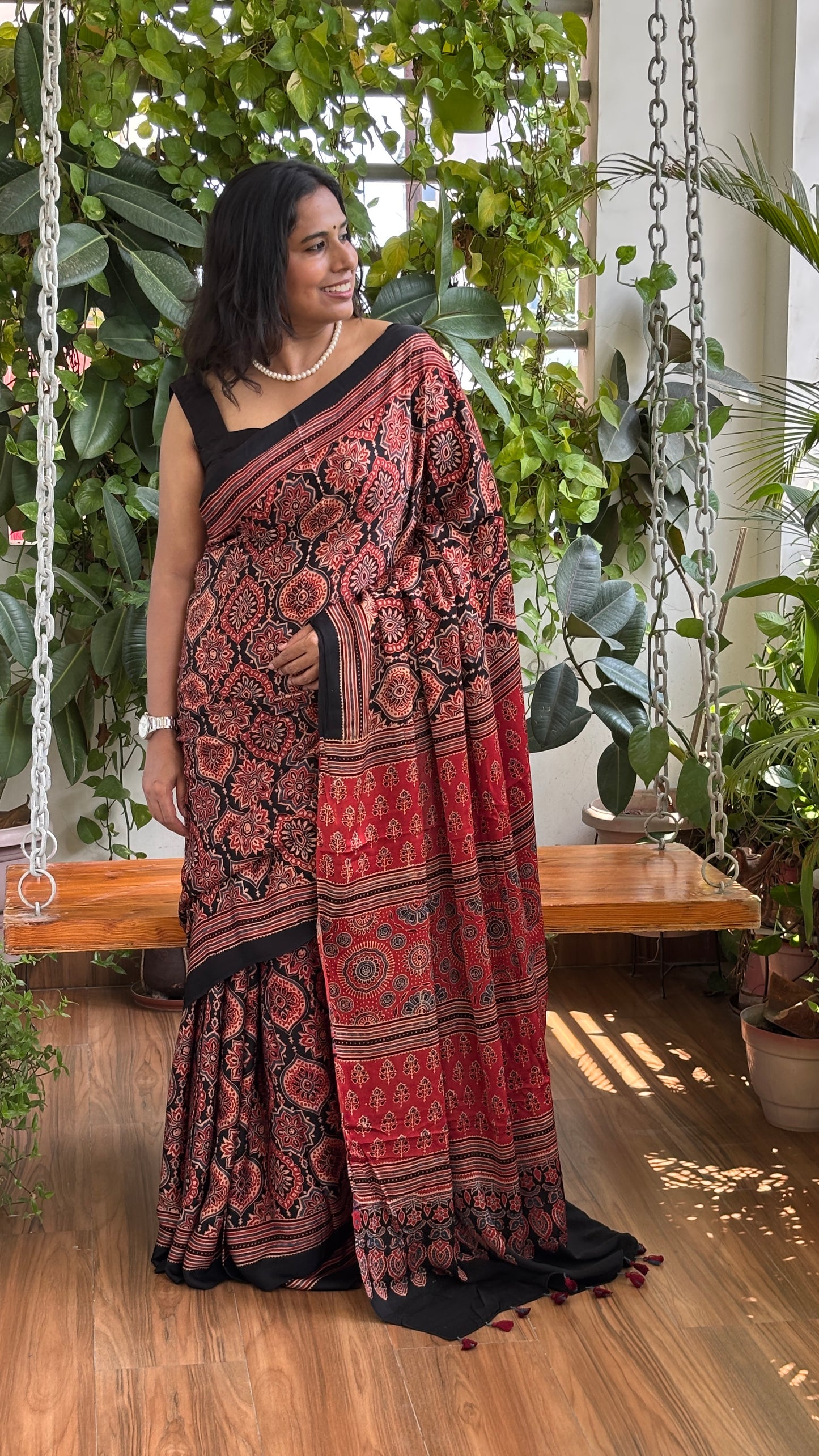 Black Coffee With Twist - Natural Dyed Madder Colour Ajrakh Modal Saree with Traditional Motifs