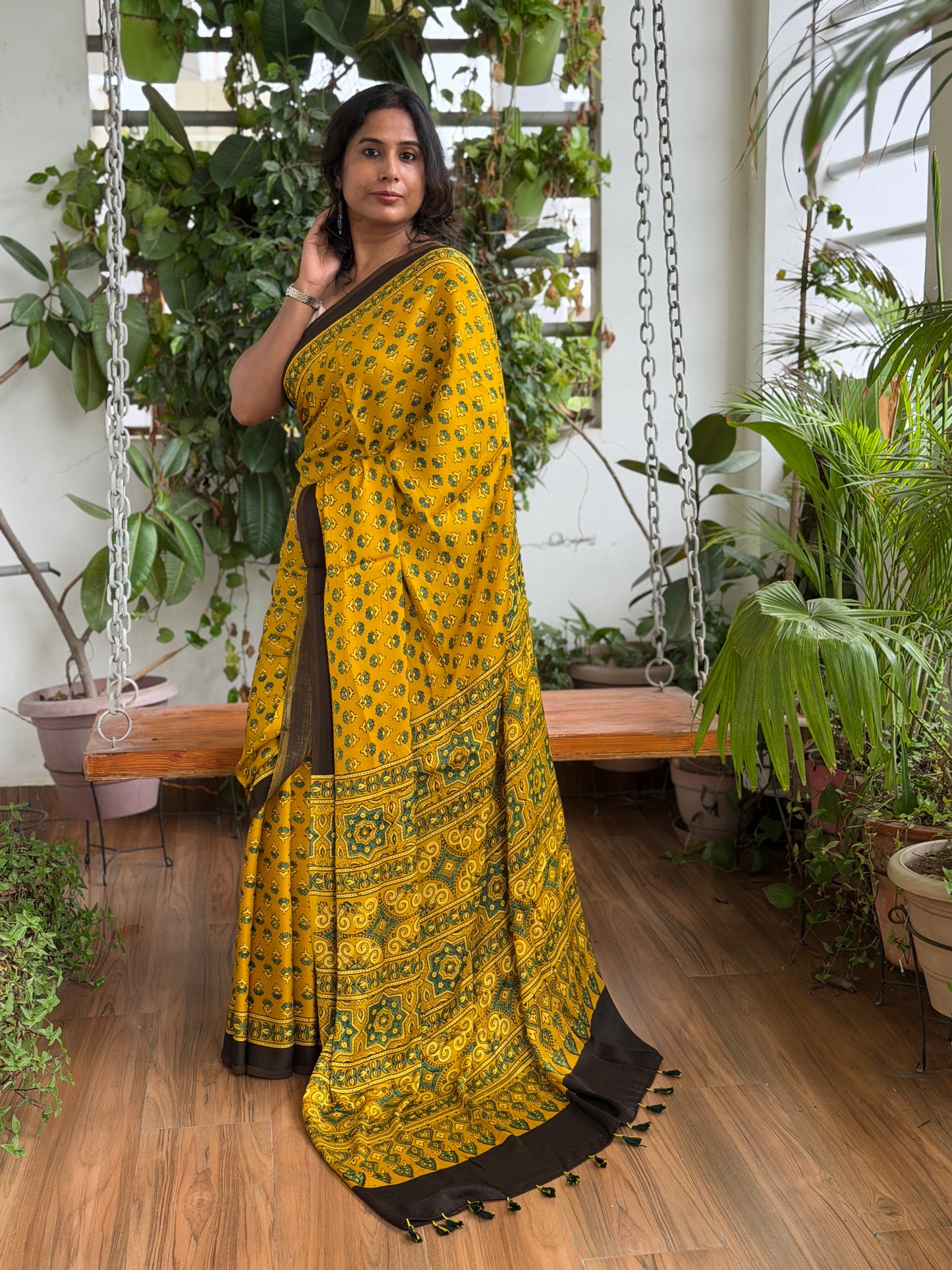 Ajrakh Modal Yellow Classic Saree