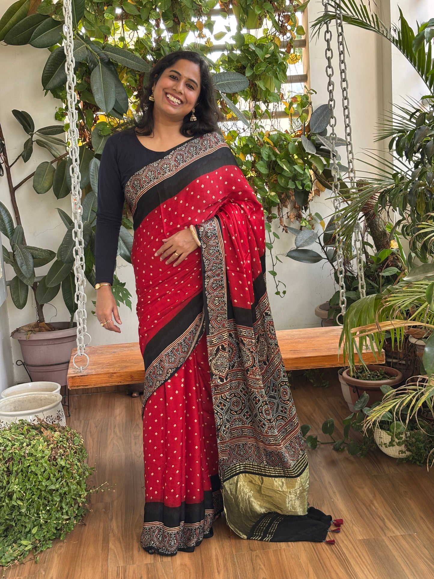 Laal Chadi - Hand Bandhej Body and Ajrakh Hand Block Anchal and Border Modal Gaji Silk Saree