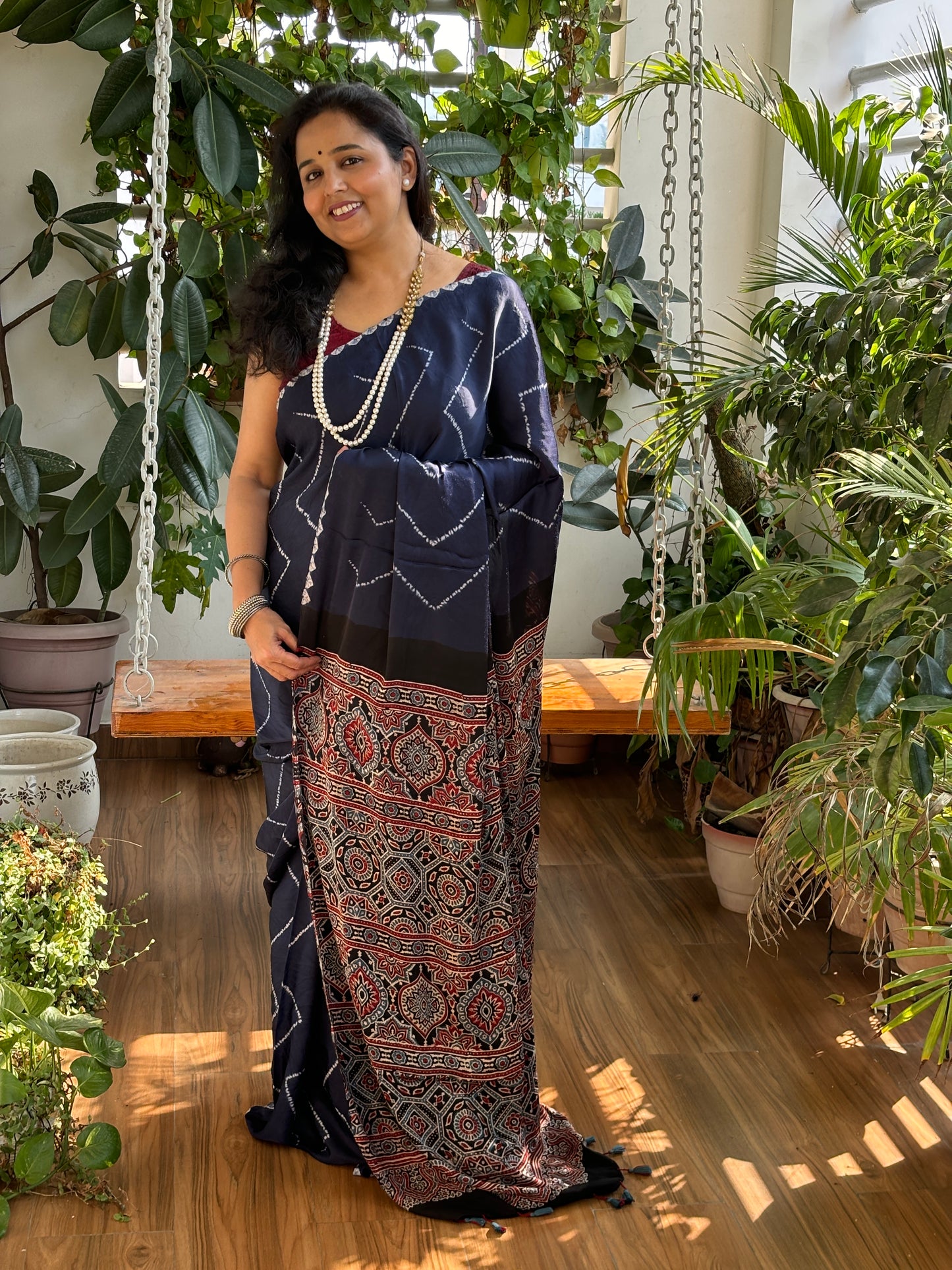 Navy Blue Love - Needle Shibori Tie and Dye Pure Modal Saree With Ajrakh Hand Block Anchal and Blouse