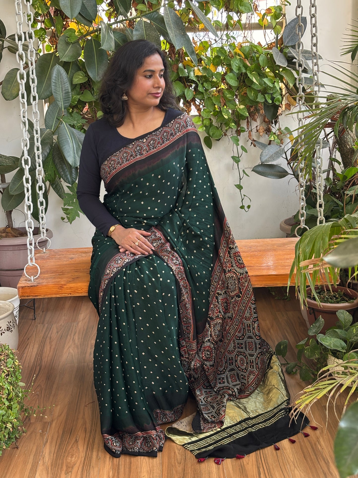Hara Bhara - Hand Bandhej Body and Ajrakh Hand Block Anchal and Border Modal Gaji Silk Saree