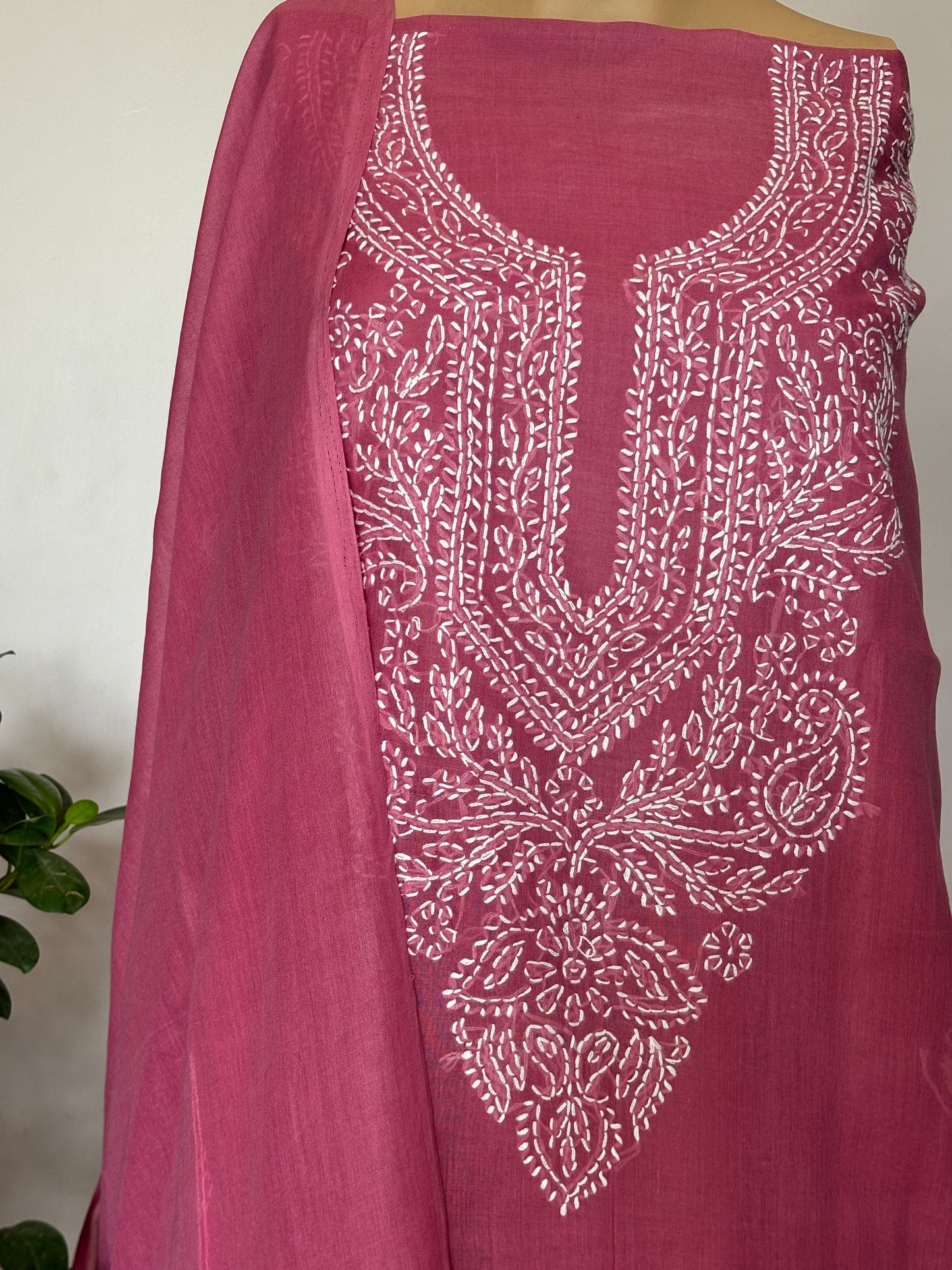 Onion Pink Chikankari Hand Embroidered Shirt, Bottom and Dupatta Fabric in Cotton