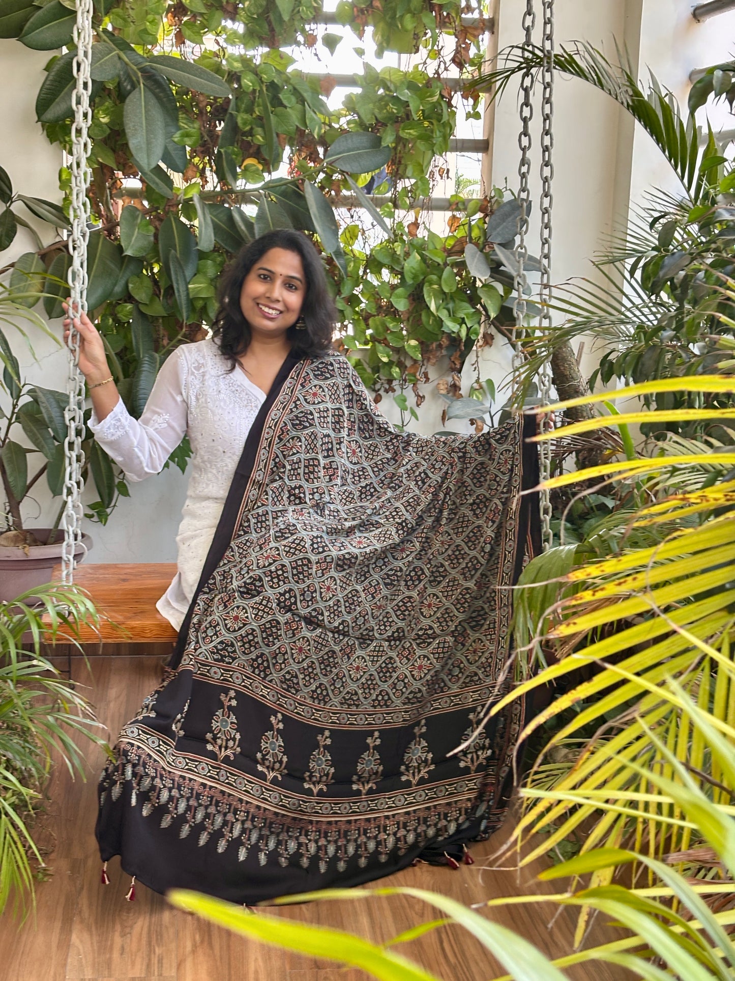 Ajrakh Hand Block Printed Black Colour Modified Badambuta Motif Dupatta