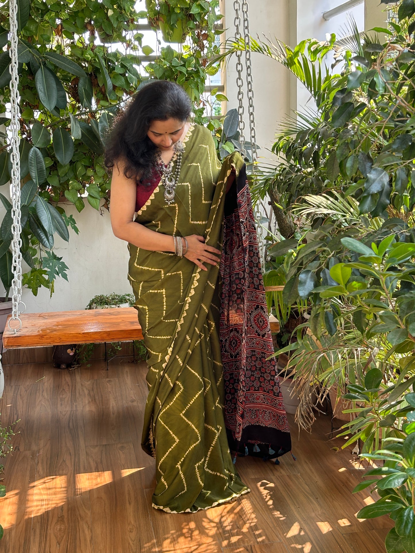 Mehndi Ki Raat - Needle Shibori Tie and Dye Pure Modal Saree With Ajrakh Hand Block Anchal and Blouse