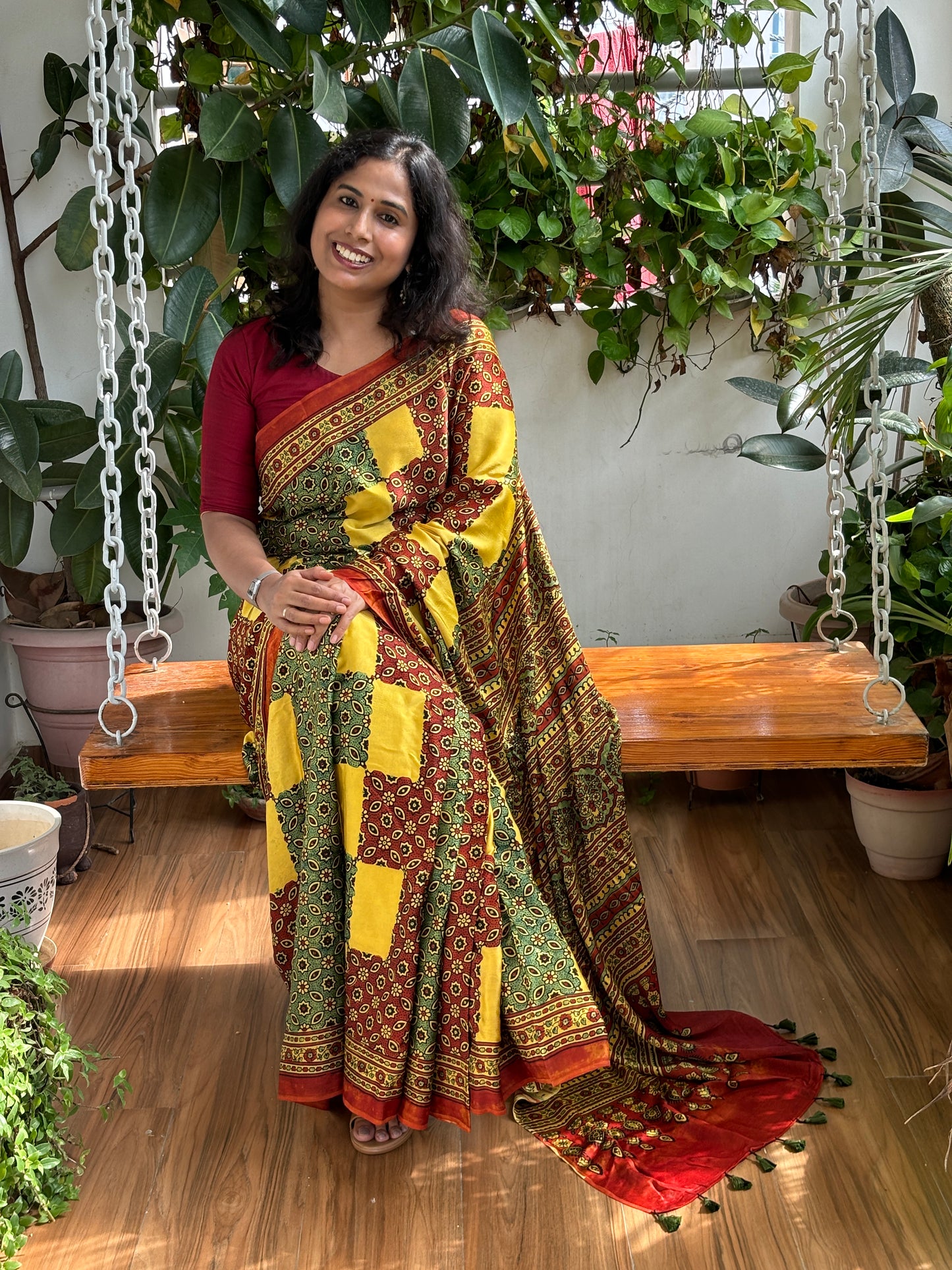 Rangilo Maro - Natural Dye Yellow and Green Modal Premium Saree Contemporary Motif