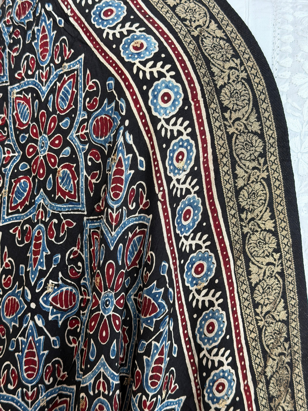 Ajrakh Dola Silk Dupatta With Zari Weaved Border
