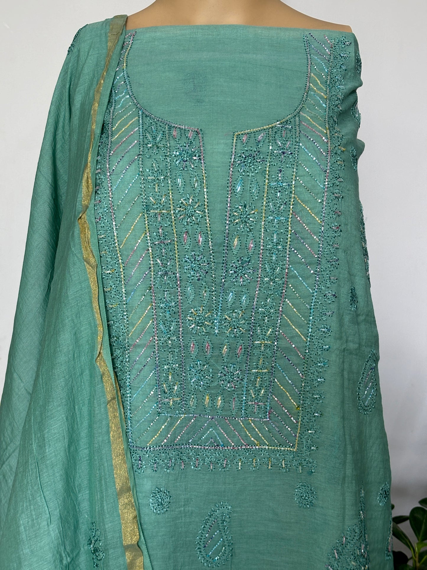 Chikankari Hand Embroidered Shirt with Cutdana Work on Premium Mul Chanderi Fabric