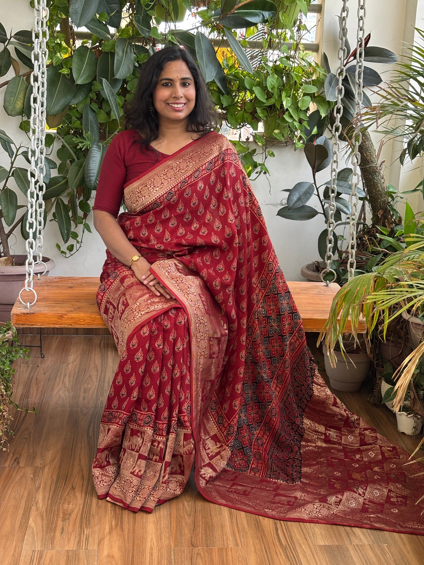 Lal Pankhudi - Madder Colour Natural Dyed Small Floral Motif Ajrakh Hand Block Printed Dola Silk Saree