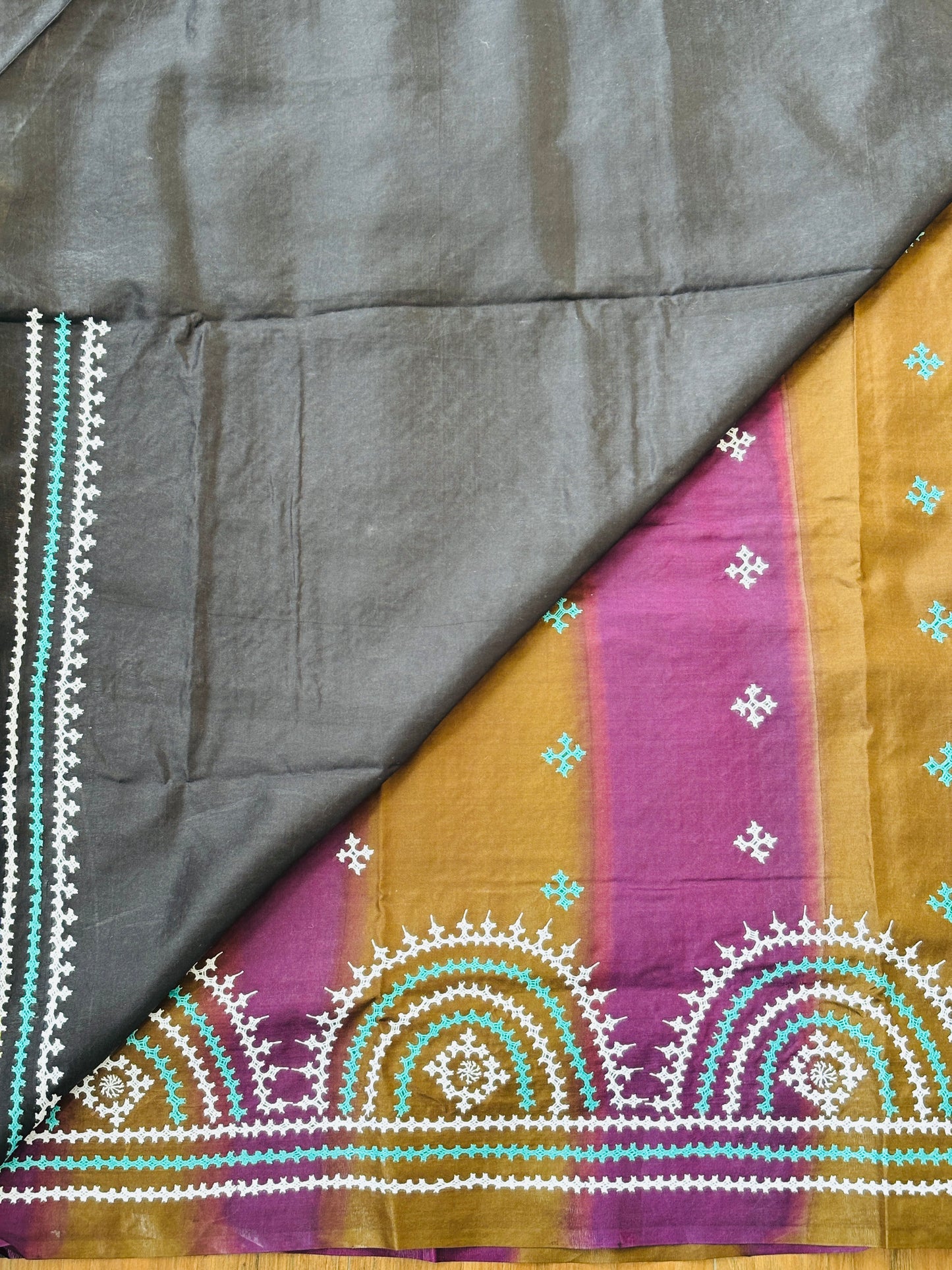 Gujarati Hand Embroidered Pure Bangalore Silk Saree in Multi Colour Tie and Dyed Body and Black Palla
