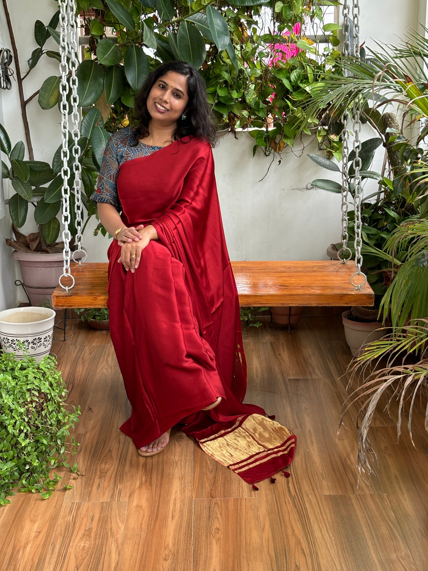 Maroonish Red Modal Plain Saree With Lagdi Palla (Will be available again after 4 days)