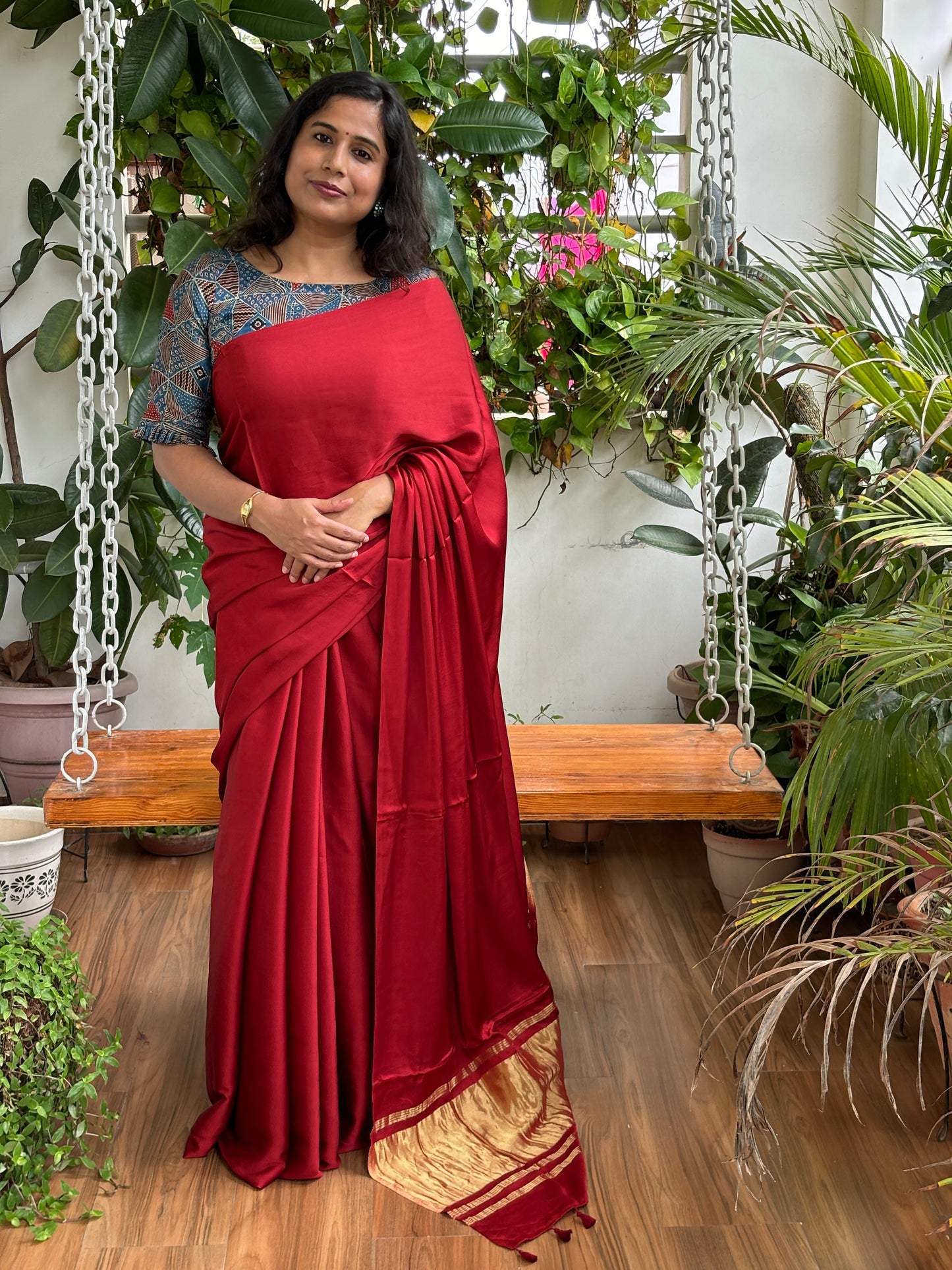 Maroonish Red Modal Plain Saree With Lagdi Palla (Will be available again after 4 days)