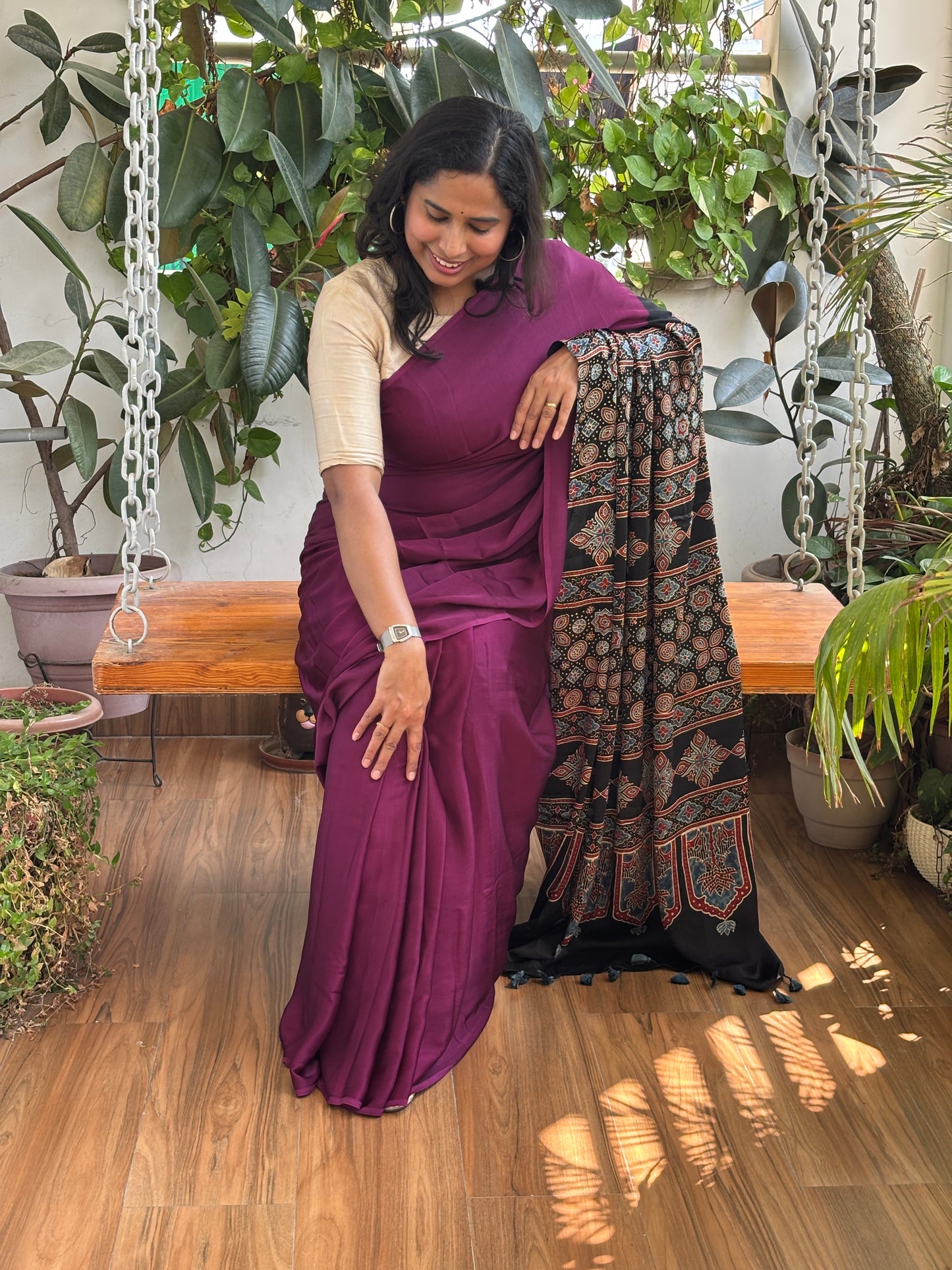 Crushed Berry- Wine Colour Body and Natural Dyed Ajrakh Anchal Premium Modal Saree