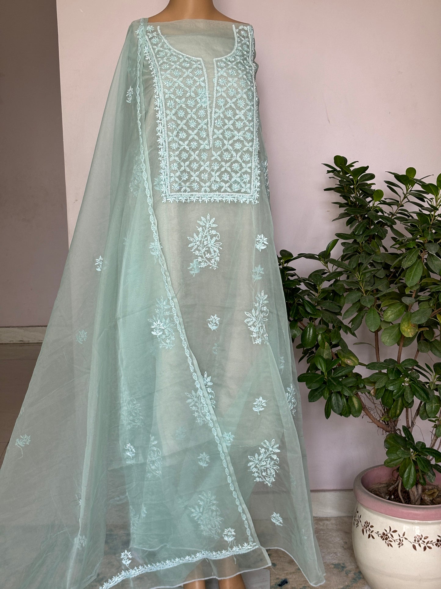 Light Sky Blue Chikankari Hand Embroidered Shirt with Pearl and Cutdana Work on Organza Fabric
