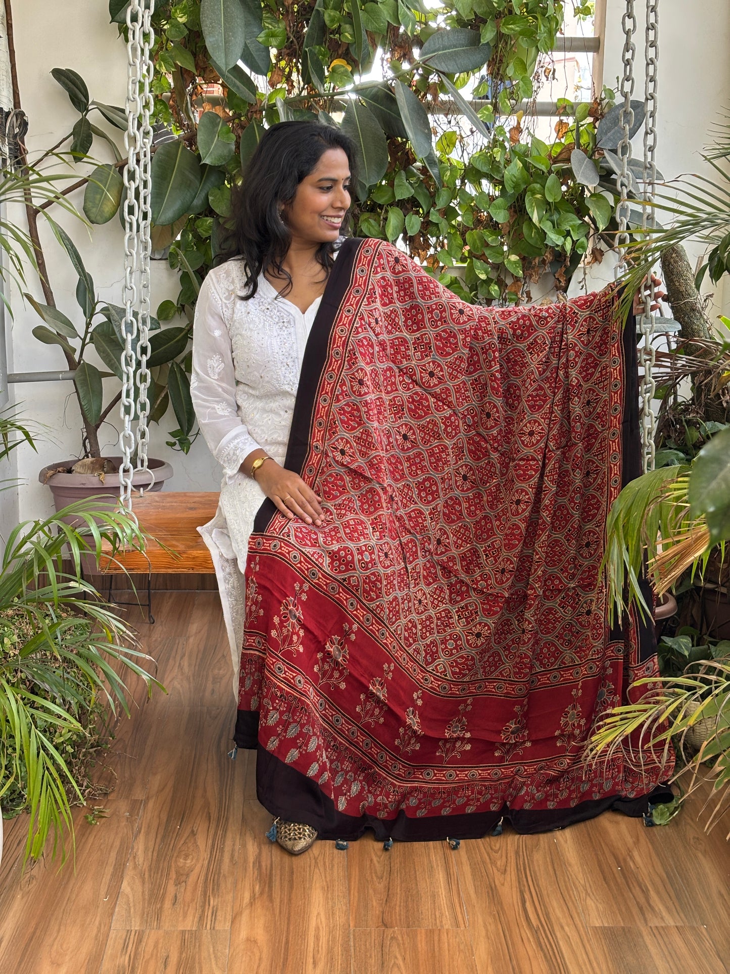 Ajrakh Hand Block Printed Madder Colour Modified Badambuta Motif Dupatta
