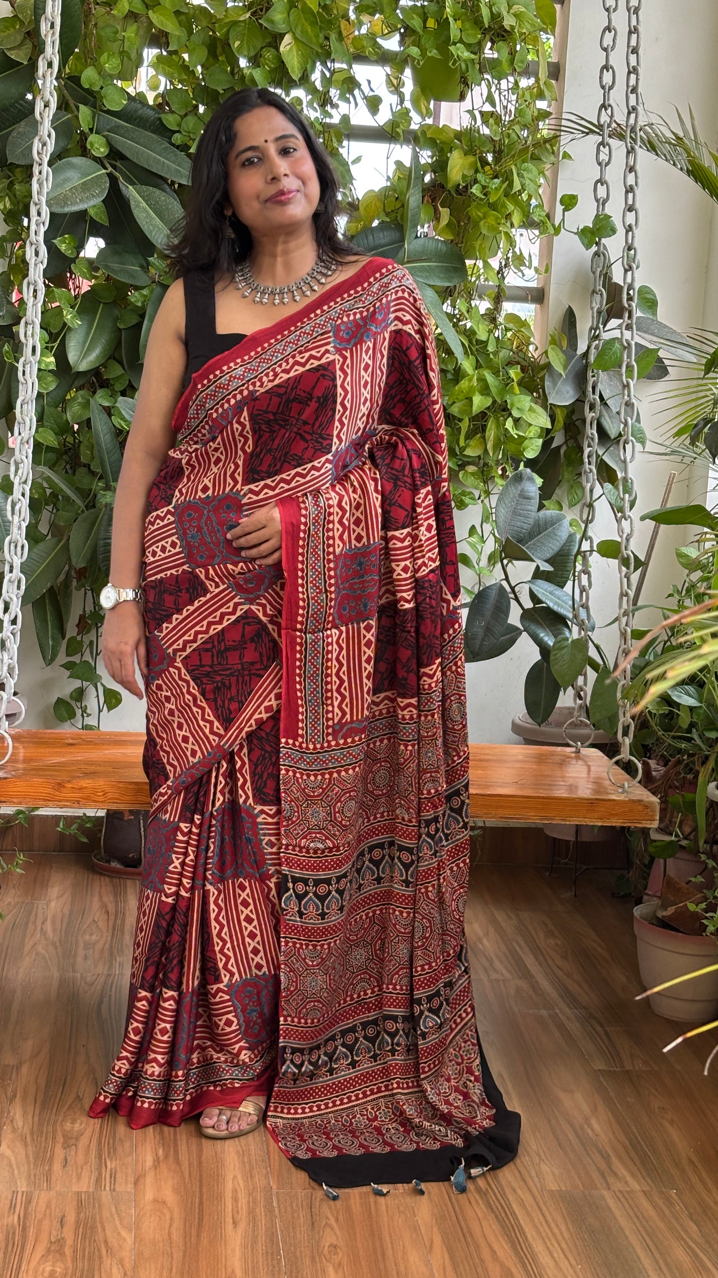 Charulata - Natural Dyed Madder Colour Contemporary Box Motif Natural Dyed Ajrakh Pure Modal Saree
