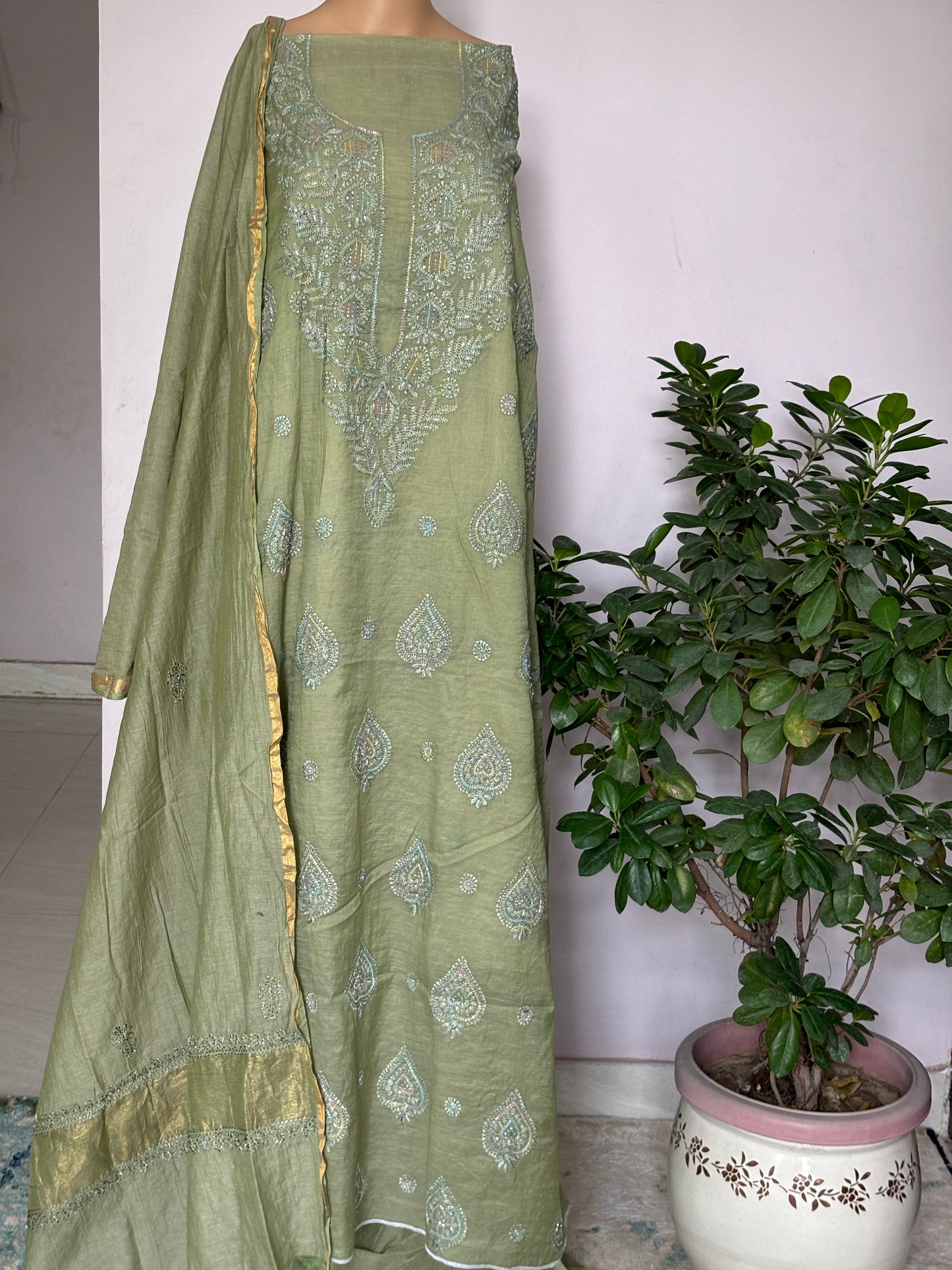 Chikankari Hand Embroidered Shirt with Cutdana Work on Premium Mul Chanderi Fabric