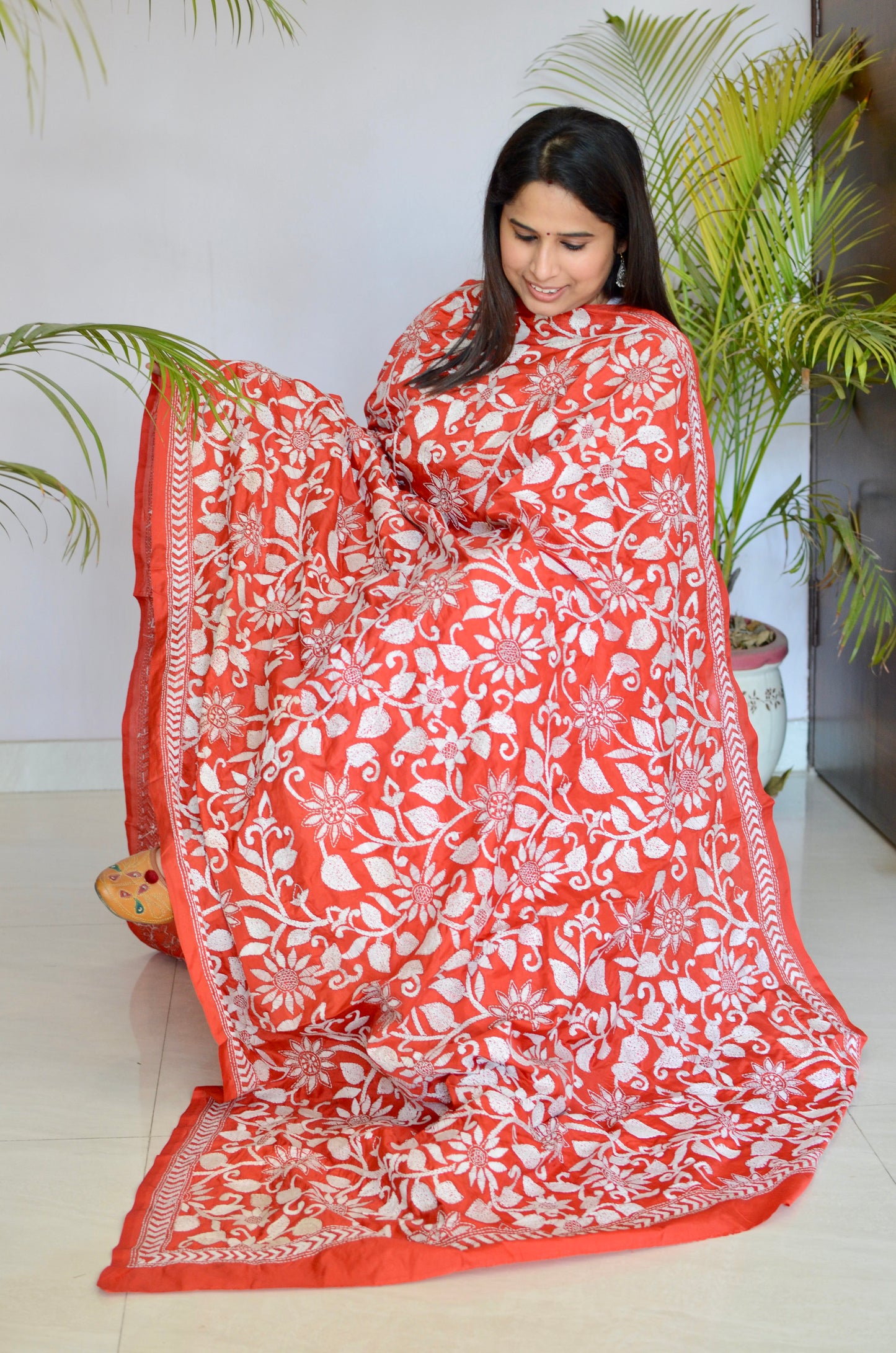 Red Kantha Hand Embroidered Silk Statement Dupatta with Floral Jaal