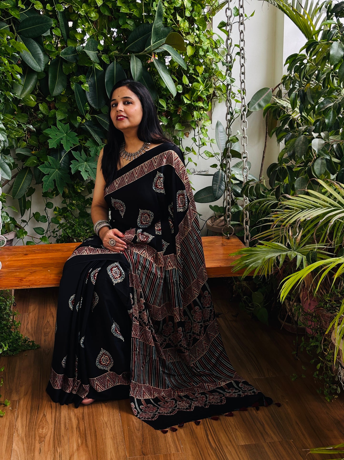 Adda - Natural Dyed Black Colour Ajrakh Pure Modal Saree