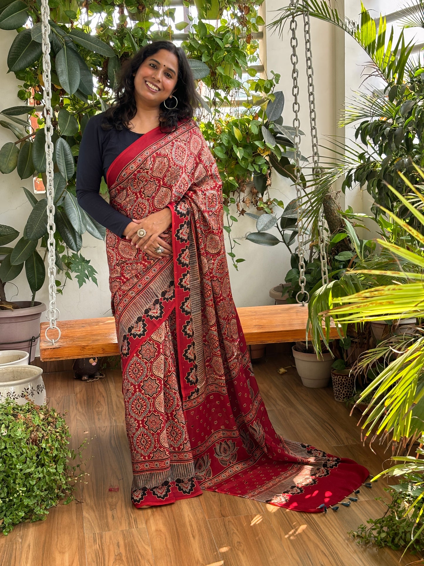 Evergreen Charming Red - Natural Dyed Madder Colour Traditional Motif with Contemporary Anchal Modal Saree