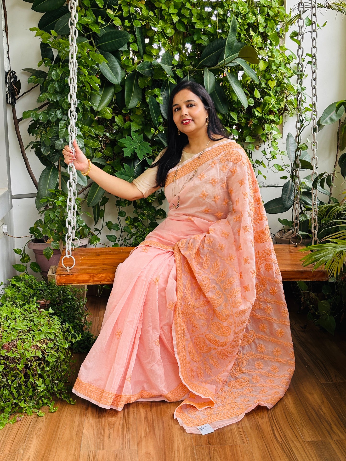 Peach Pink Colour Light Chrushed Candri Cotton Chikankari Hand Embroidered Saree