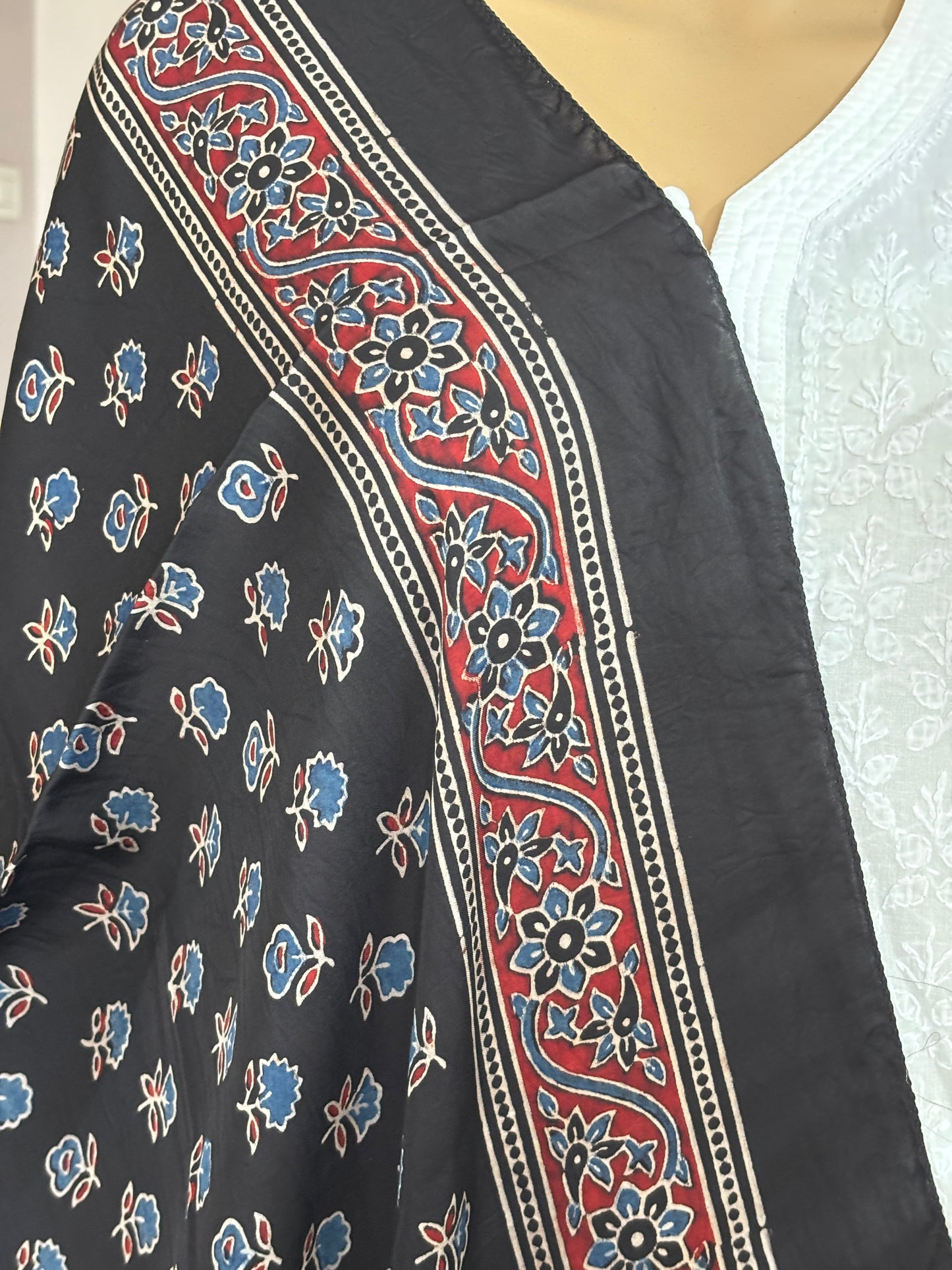 Black Colour Natural Dyed Ajrakh Hand Block Printed Small Buta Motif Modal Stole