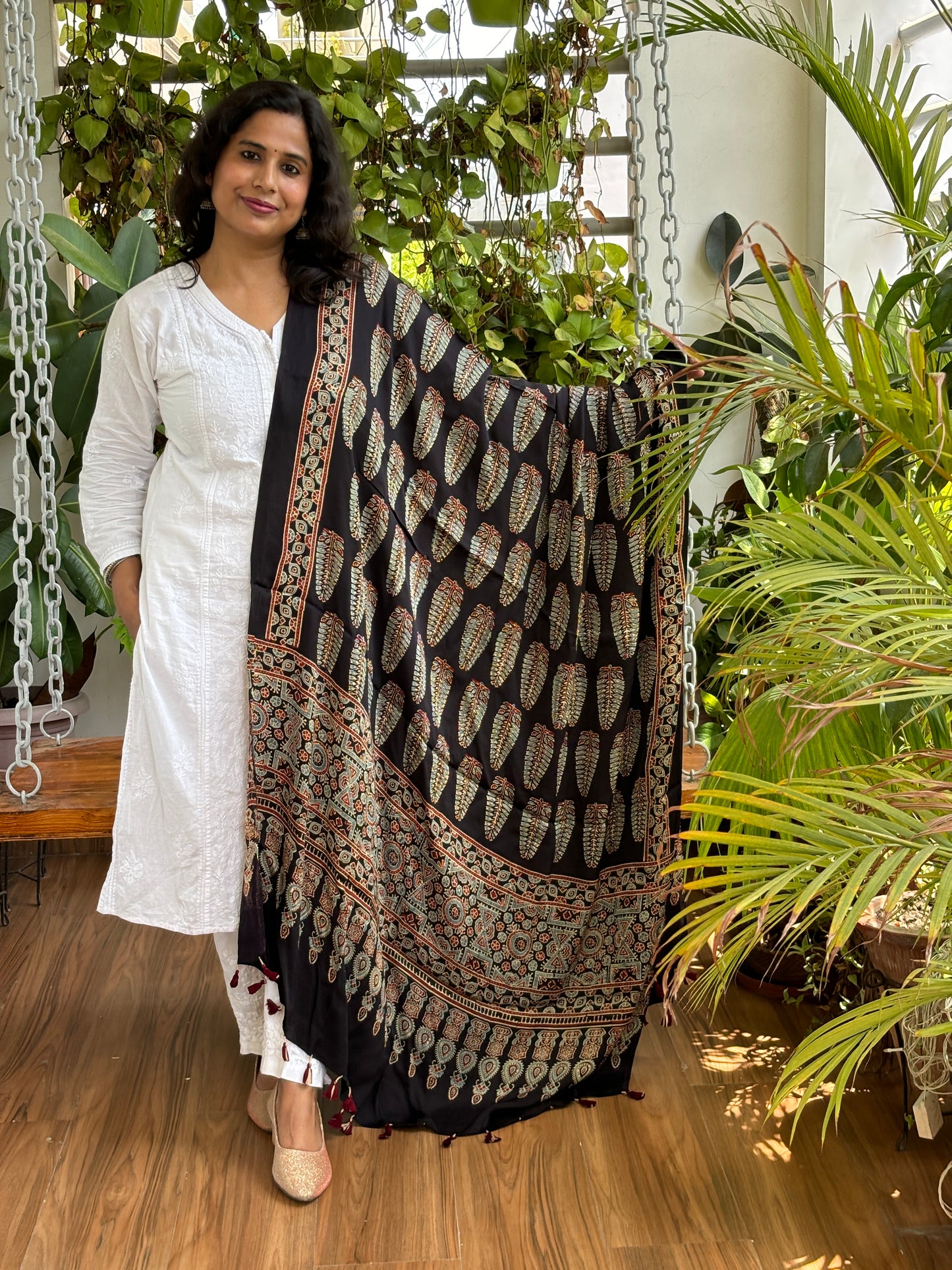 Ajrakh Natural Dyed Black Colour Ashoka Motif Dupatta