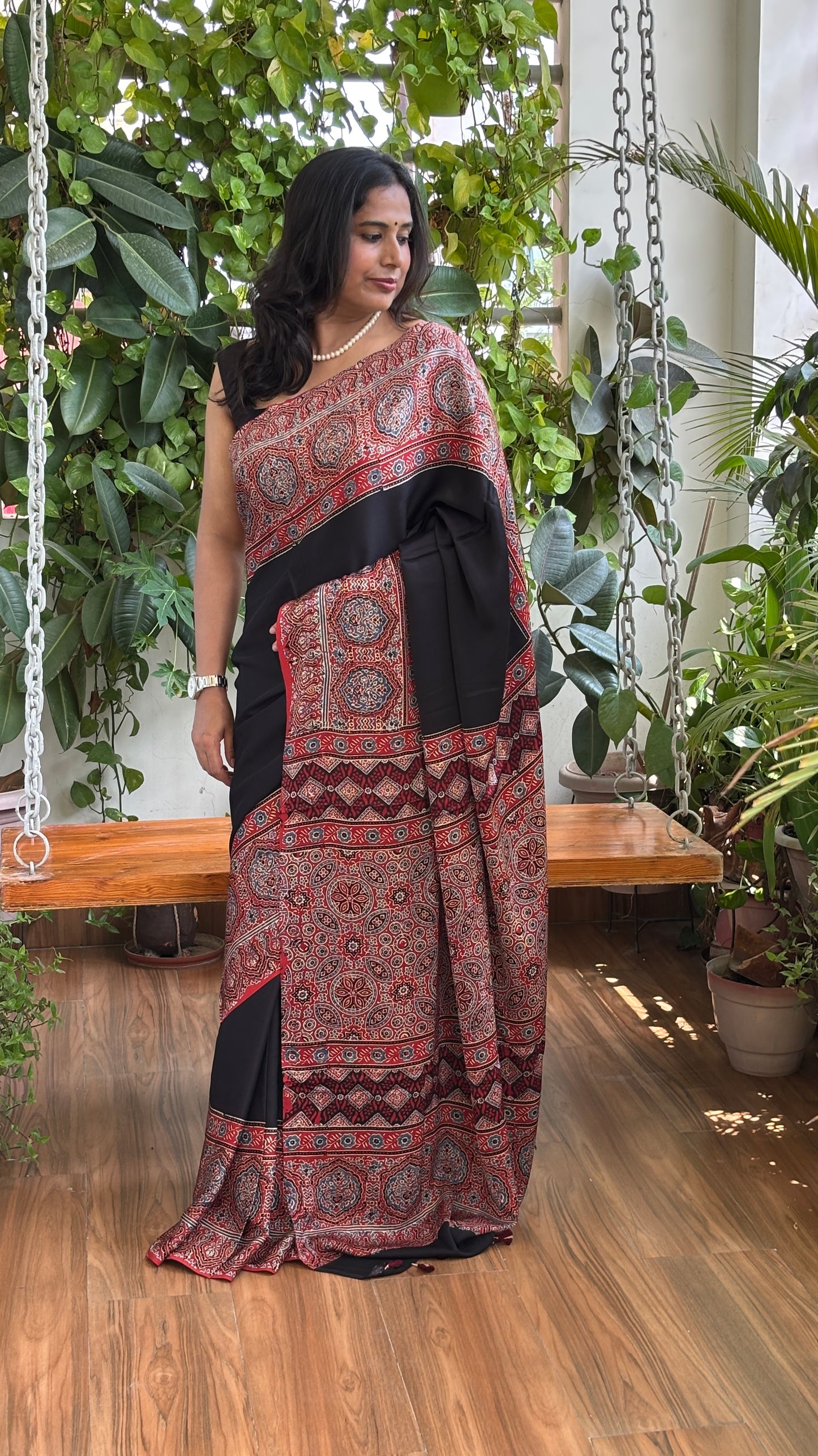 Dhoop - Natural Dyed Black And Madder Colour Ajrakh Modal Saree with Traditional Motifs