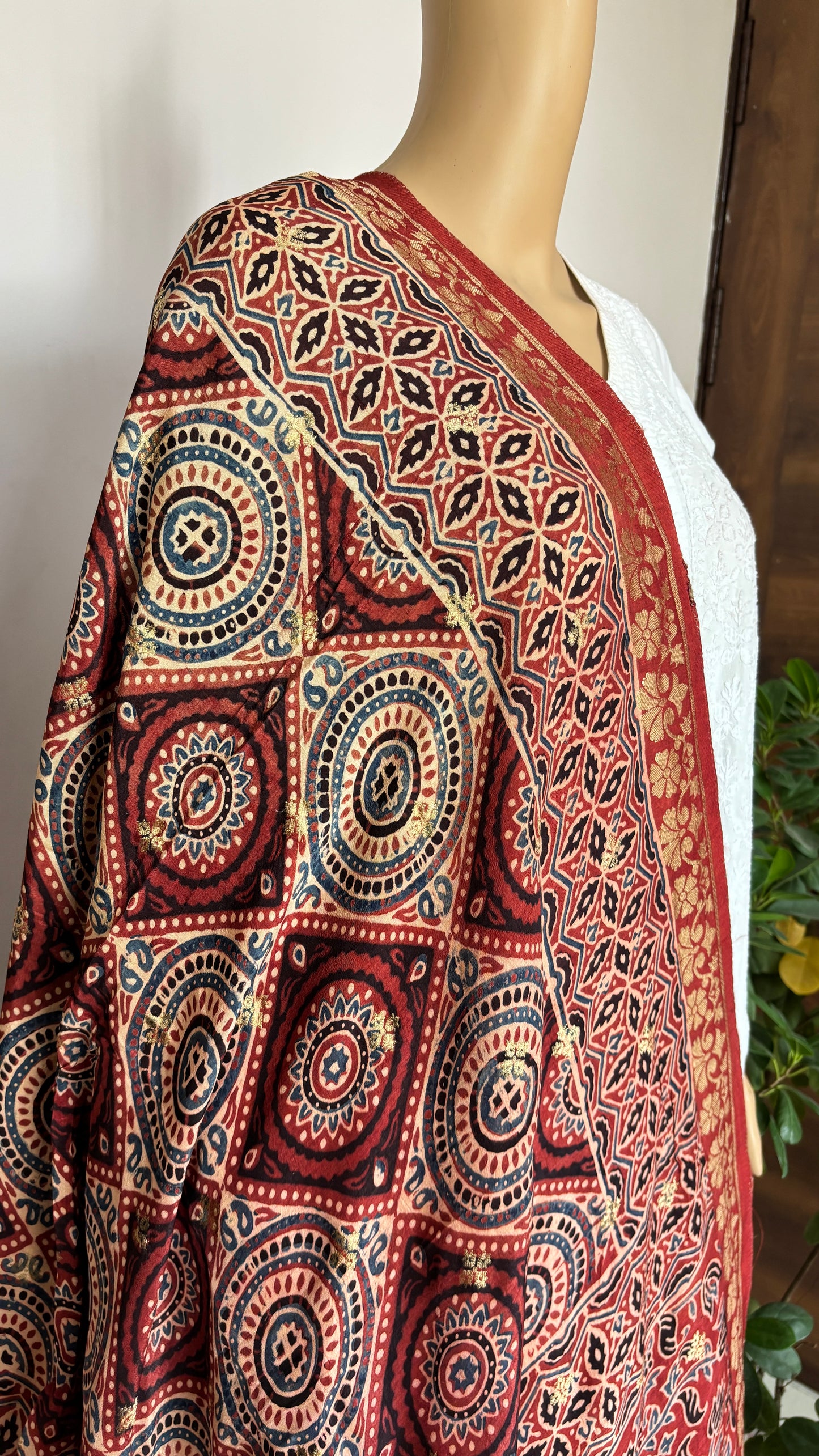 Natural Dyed Madder Colour - Hand Block Ajrakh Dola Silk Dupatta With Zari Weaved Border-2