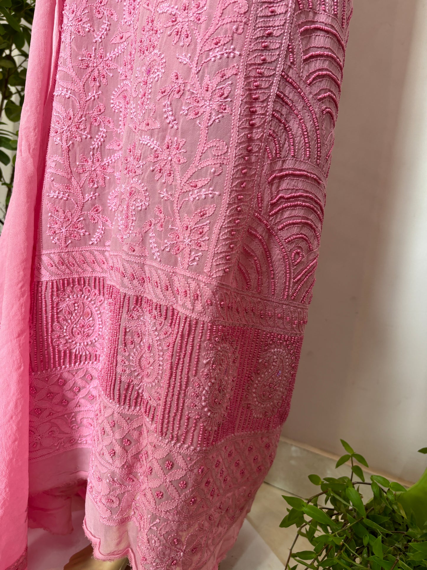 Pink Intricate Chikankari Hand Embroidered Shirt and Dupatta Fabric Adorned With Beads Work