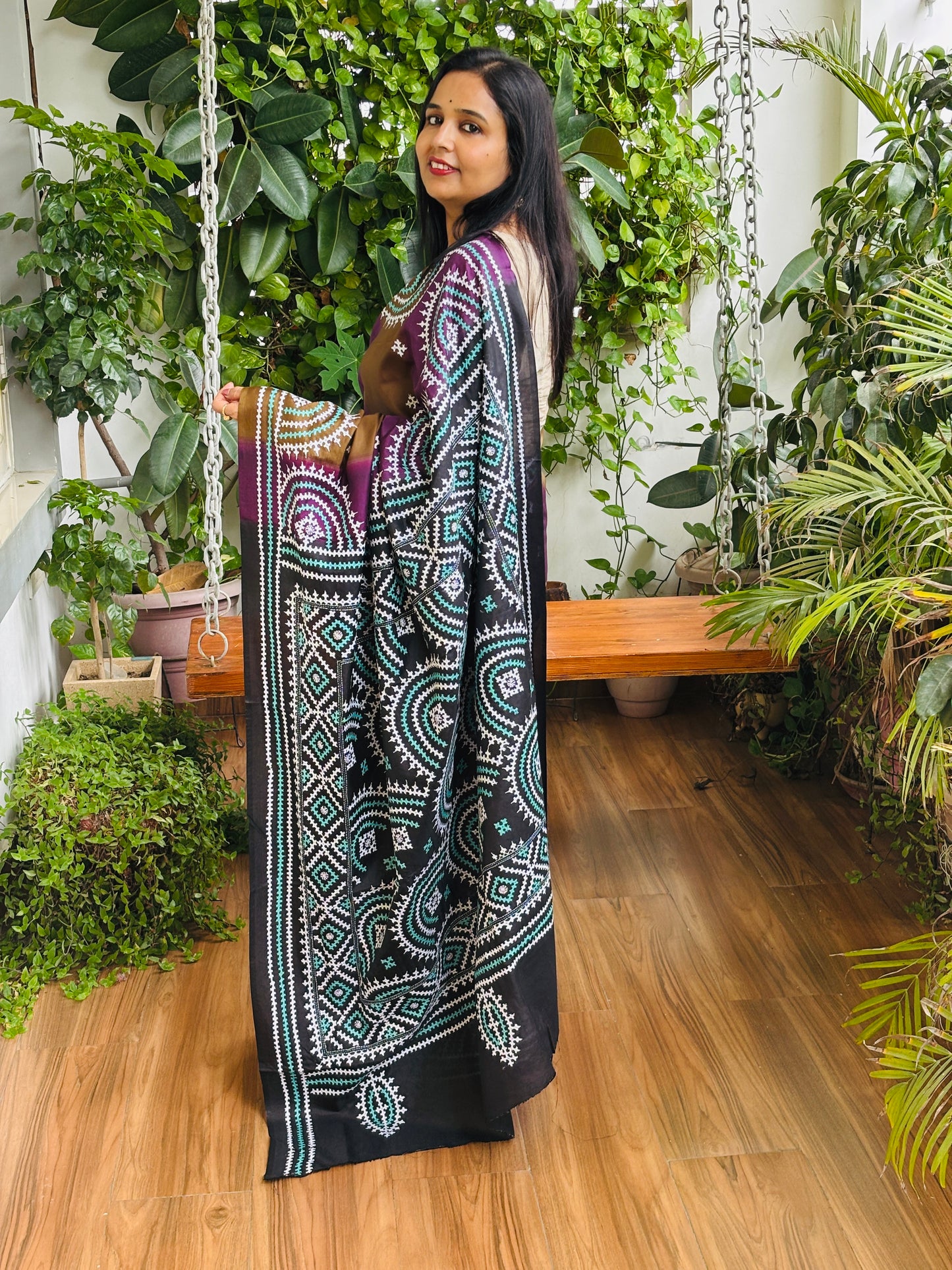 Gujarati Hand Embroidered Pure Bangalore Silk Saree in Multi Colour Tie and Dyed Body and Black Palla