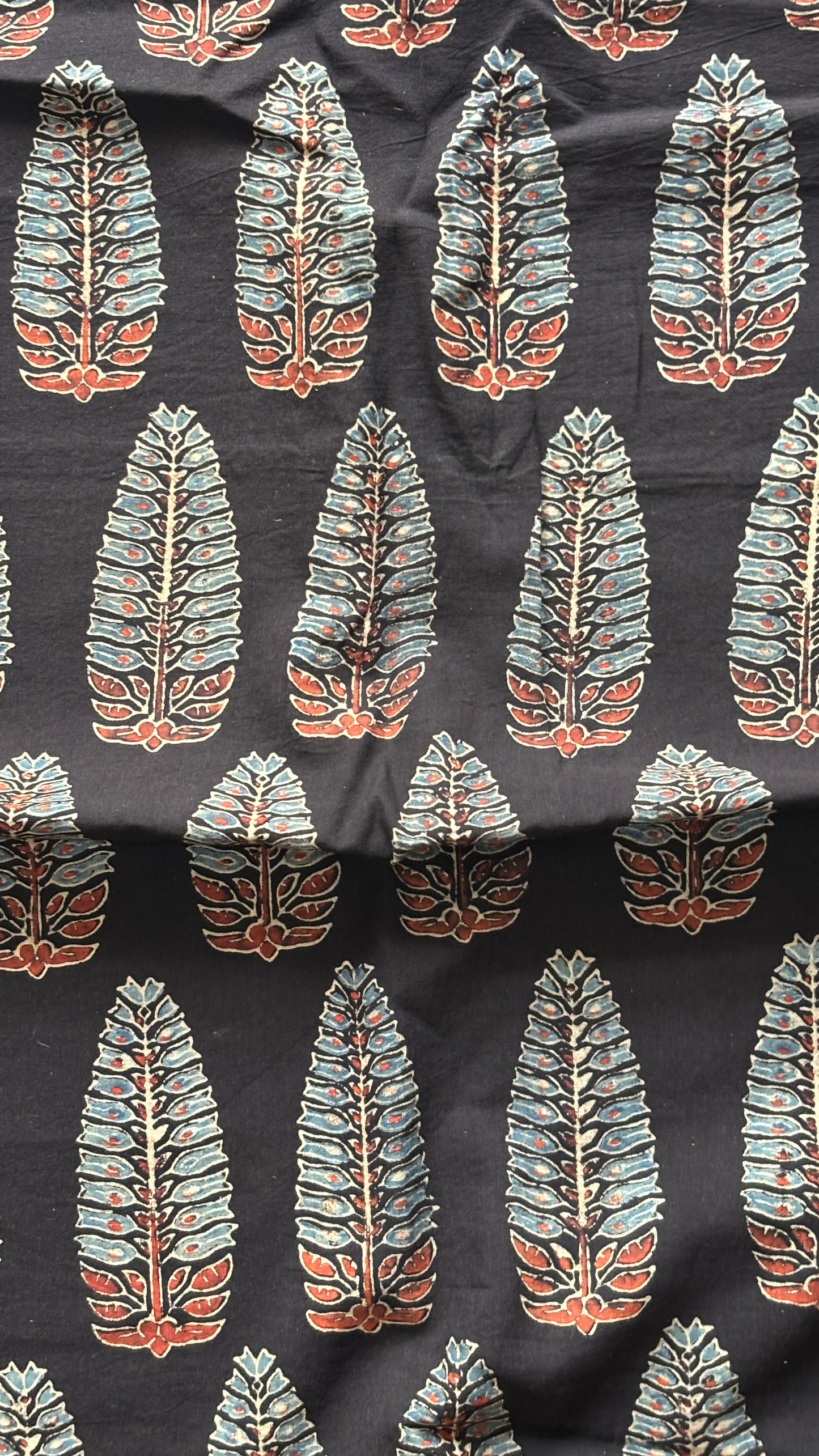 Black Colour Natural Dyed Ajrakh Hand Block Printed Fern Motif Organic Cotton Fabric