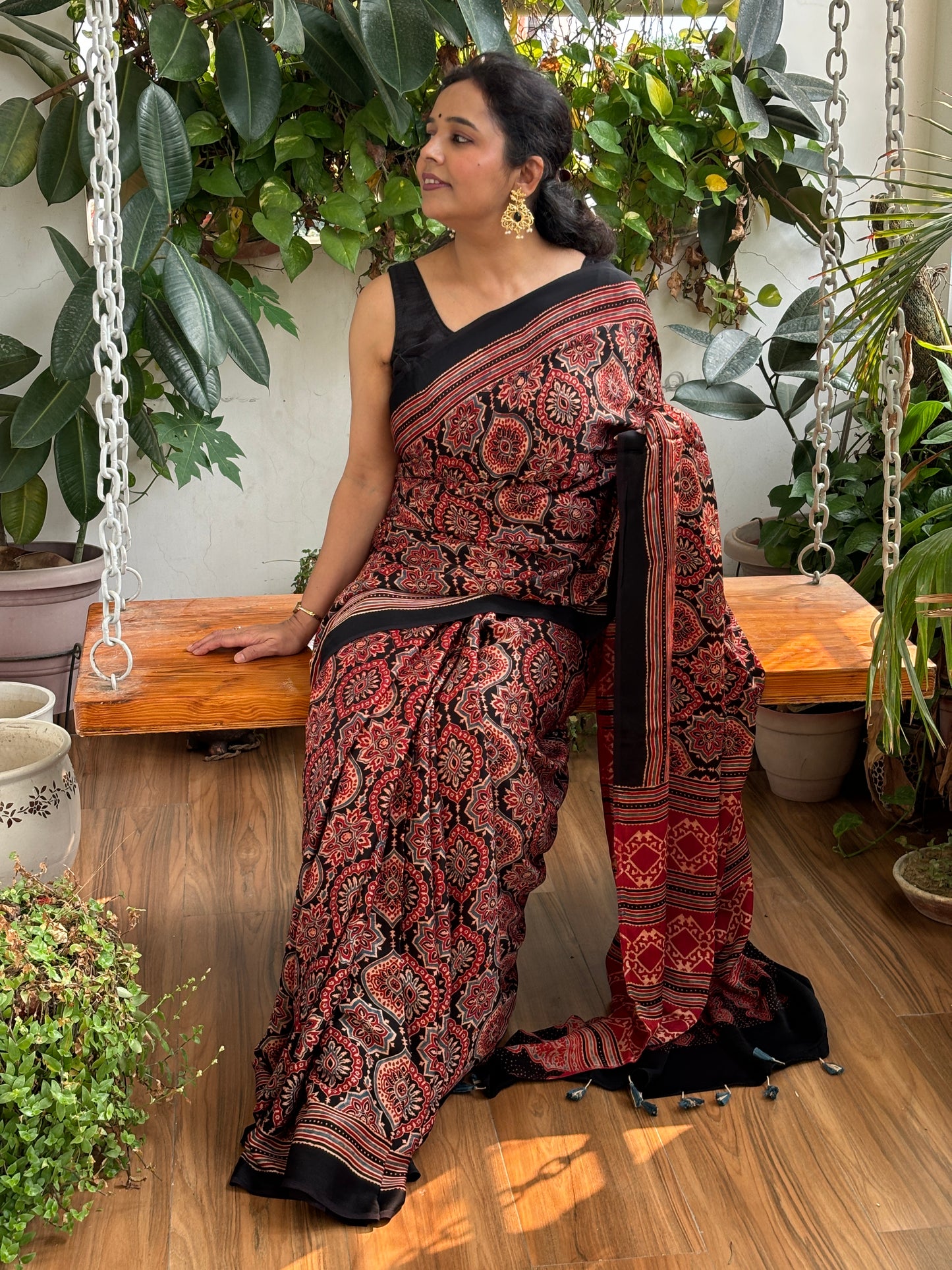 Black Coffee - Natural Dyed Ajrakh Balck and Madder Colour Badambuta Motif Modal Saree