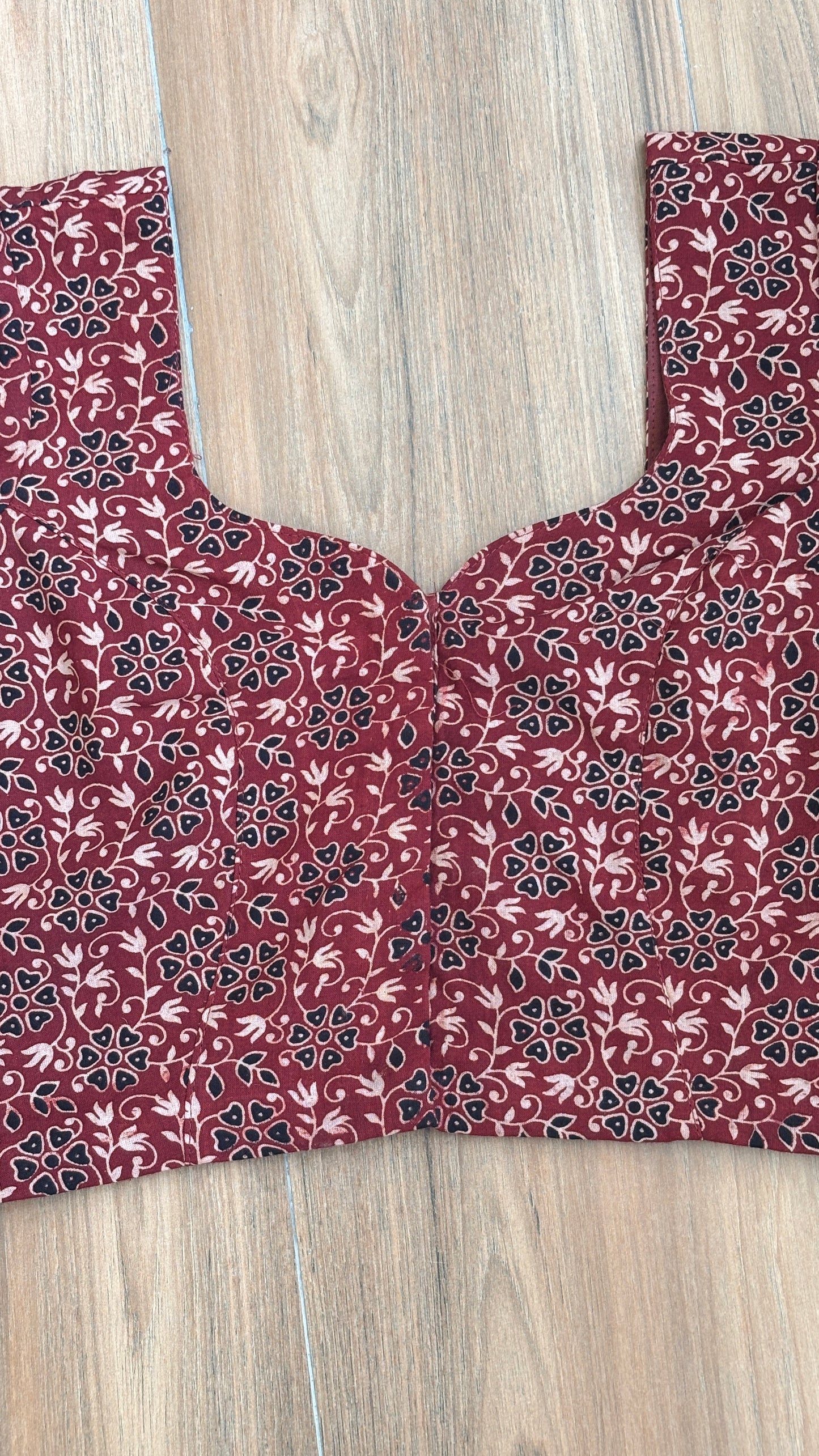 Dark Red Floral Jaal Motif Cotton Sweetheart Neck Blouse. With Cotton Lining. For size chart refer to last picture
