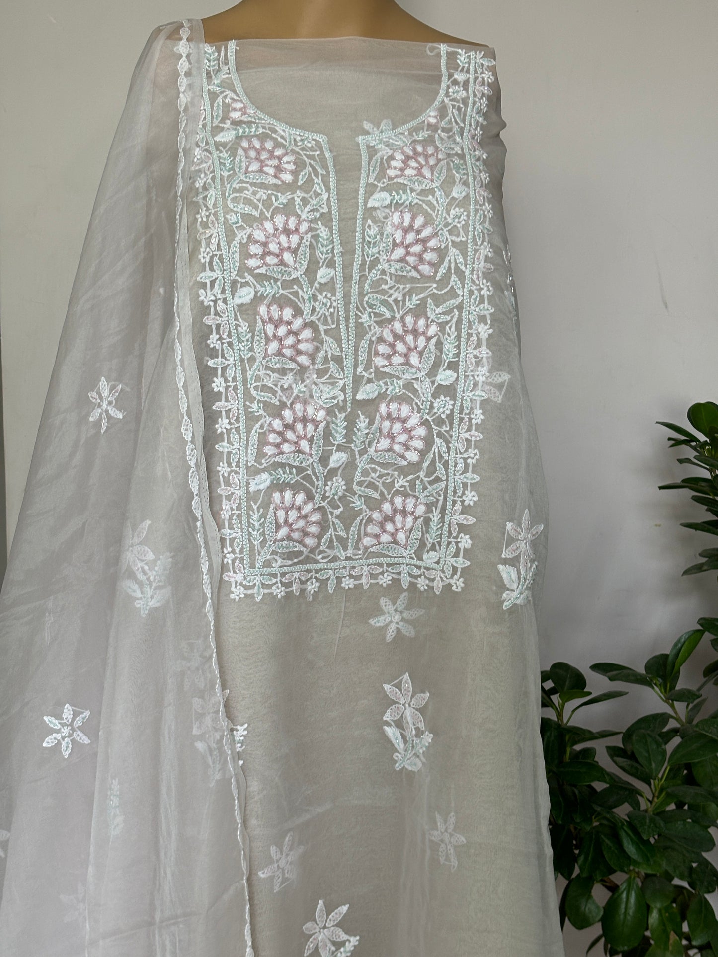 Off White Chikankari Hand Embroidered Shirt with Pearl and Cutdana Work on Organza Fabric