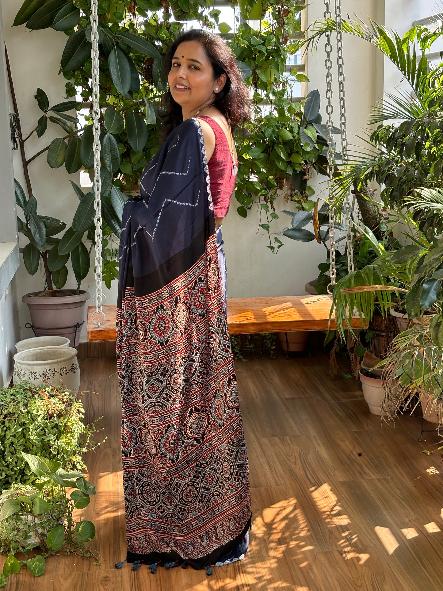 Navy Blue Love - Needle Shibori Tie and Dye Pure Modal Saree With Ajrakh Hand Block Anchal and Blouse