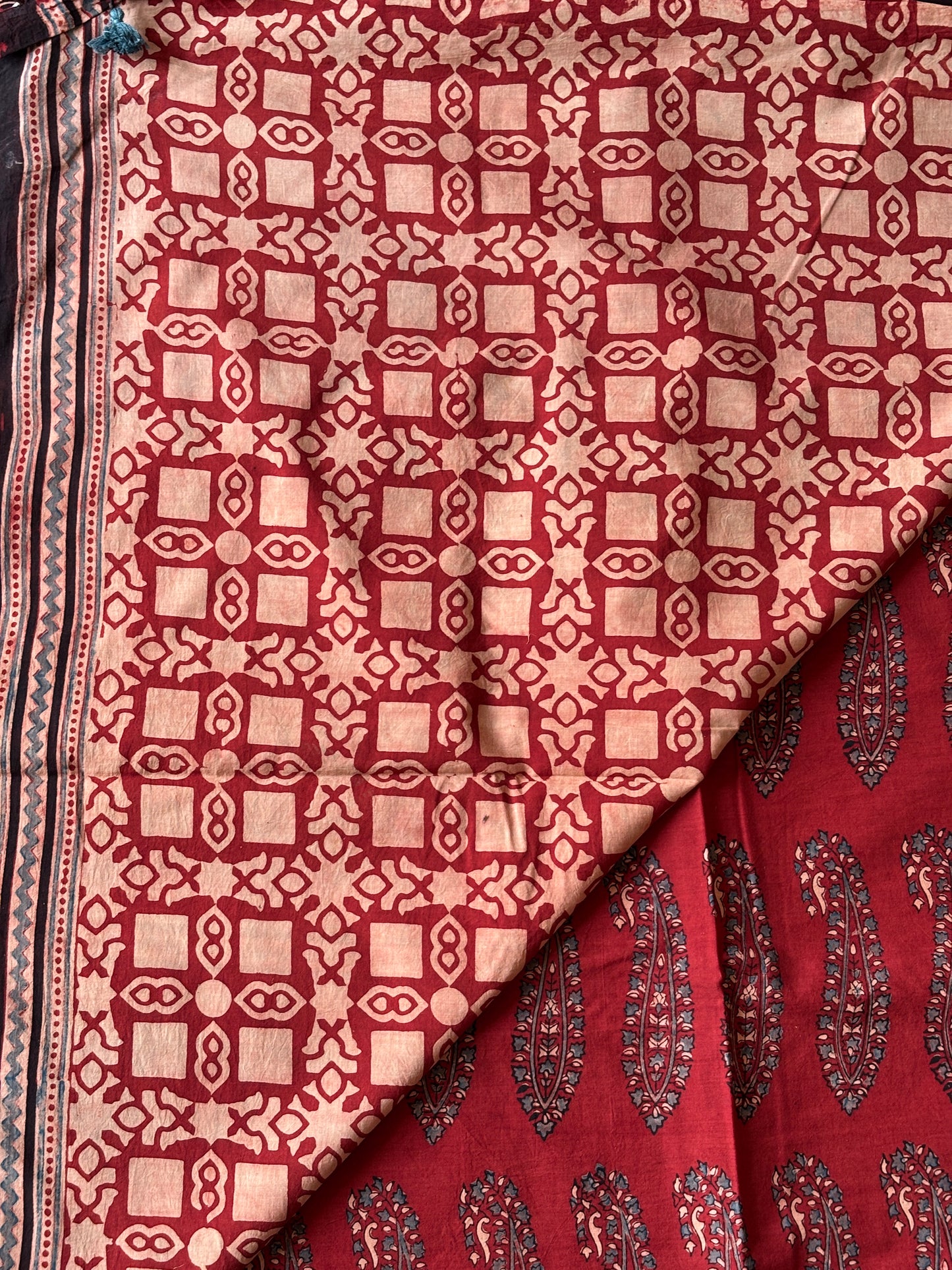 Organic Cotton Ajrakh Hand Block Printed Floral Paisaly Motif
