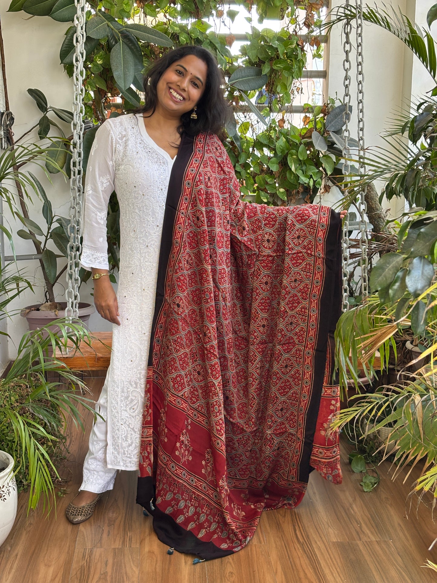 Ajrakh Hand Block Printed Madder Colour Modified Badambuta Motif Dupatta
