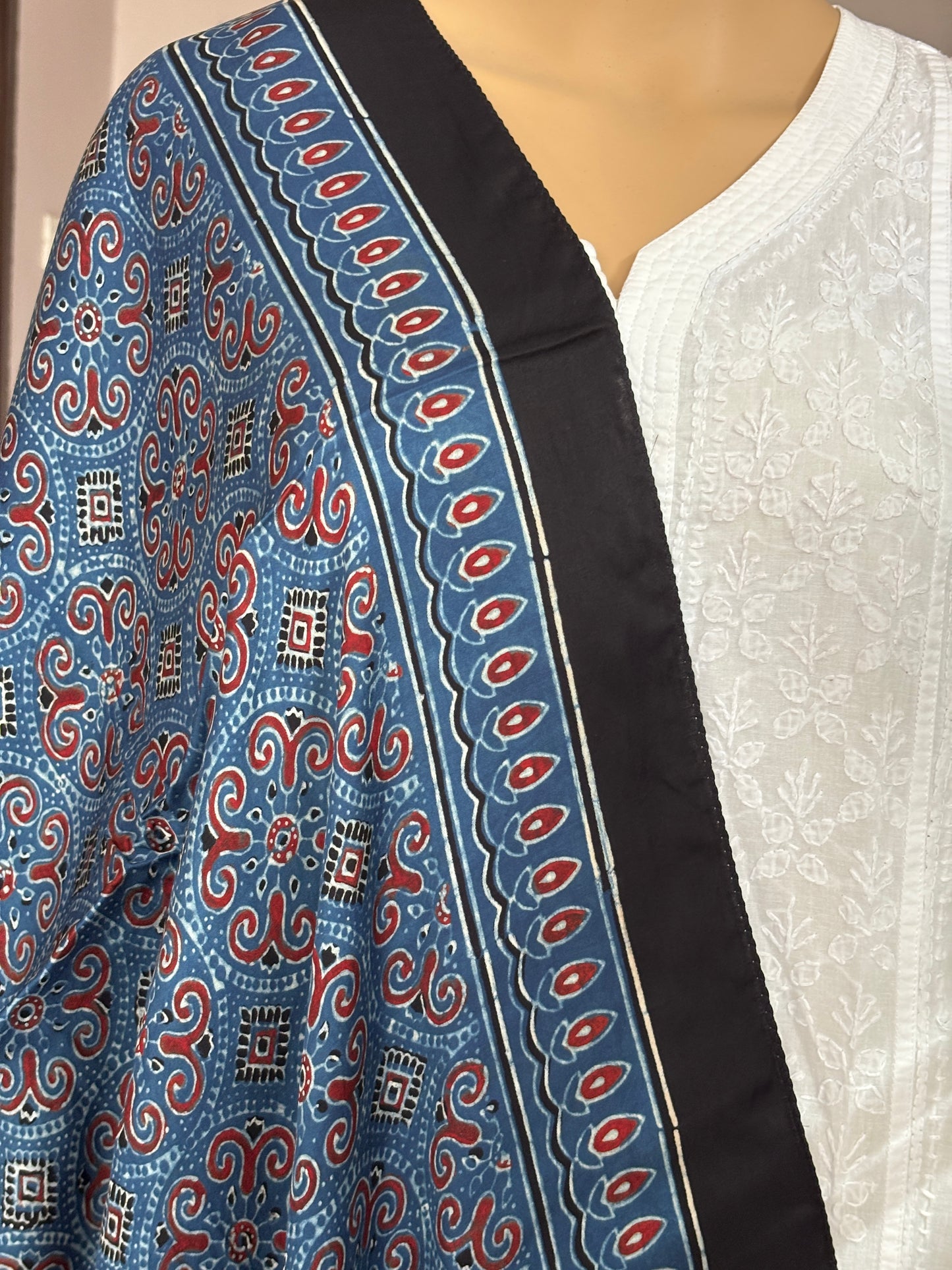 Indigo Colour Natural Dyed Ajrakh Hand Block Printed Circular Jaal Motif Modal Stole