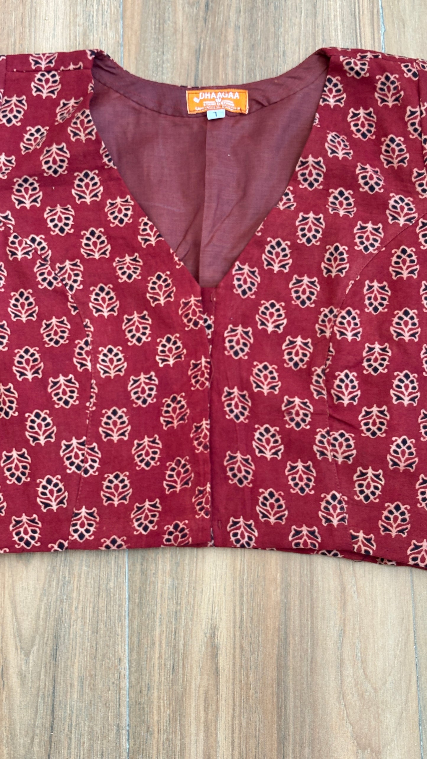 Dark Red Small Floral Motif Cotton 'V' Neck Blouse With Cotton Lining. For size chart refer to the last picture