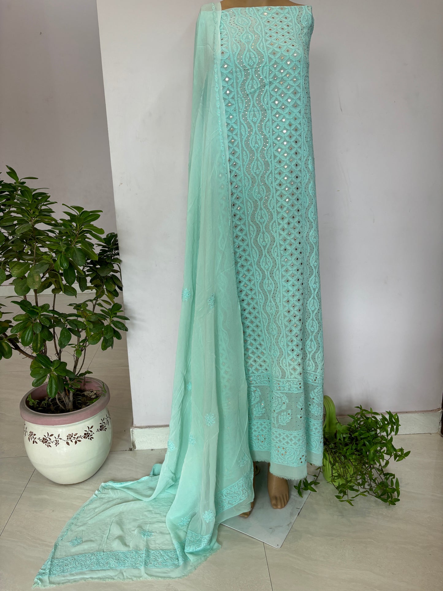 Sea Green Intricate Chikankari Hand Embroidered Shirt and Dupatta Fabric Adorned With Mukaish