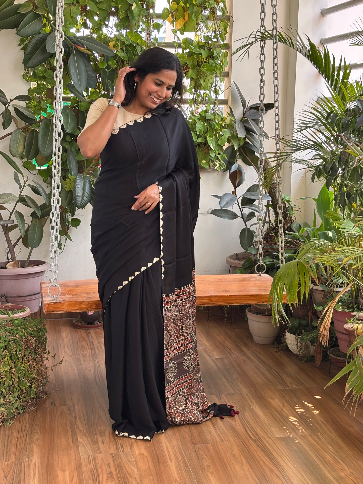 Kajal - Black Colur Body Bandhej Border and Natural Dyed Ajrakh Anchal