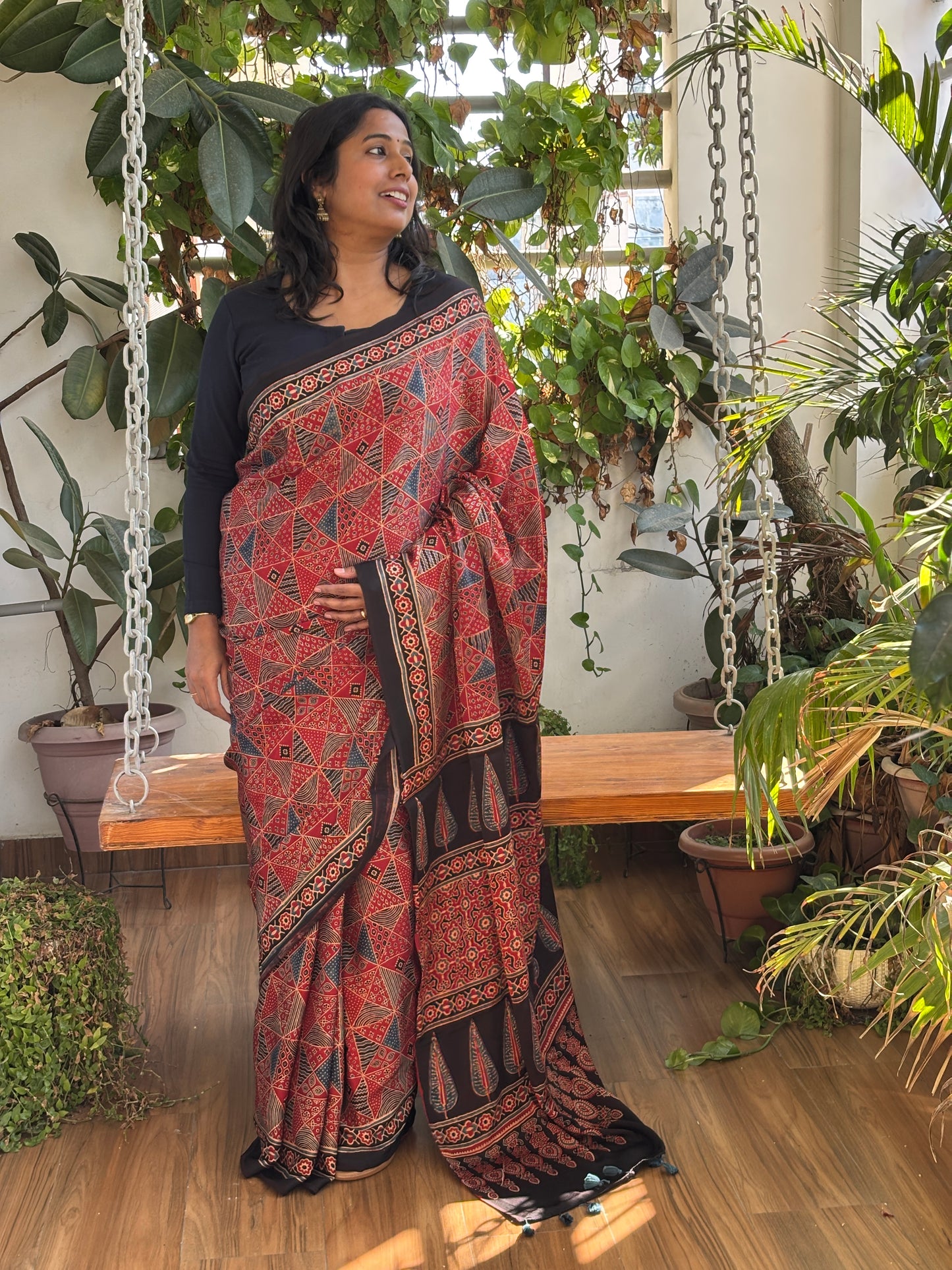 Scarlet Natural Dyed Contemporary Box Ajrakh Motif Premium Ajrakh Saree