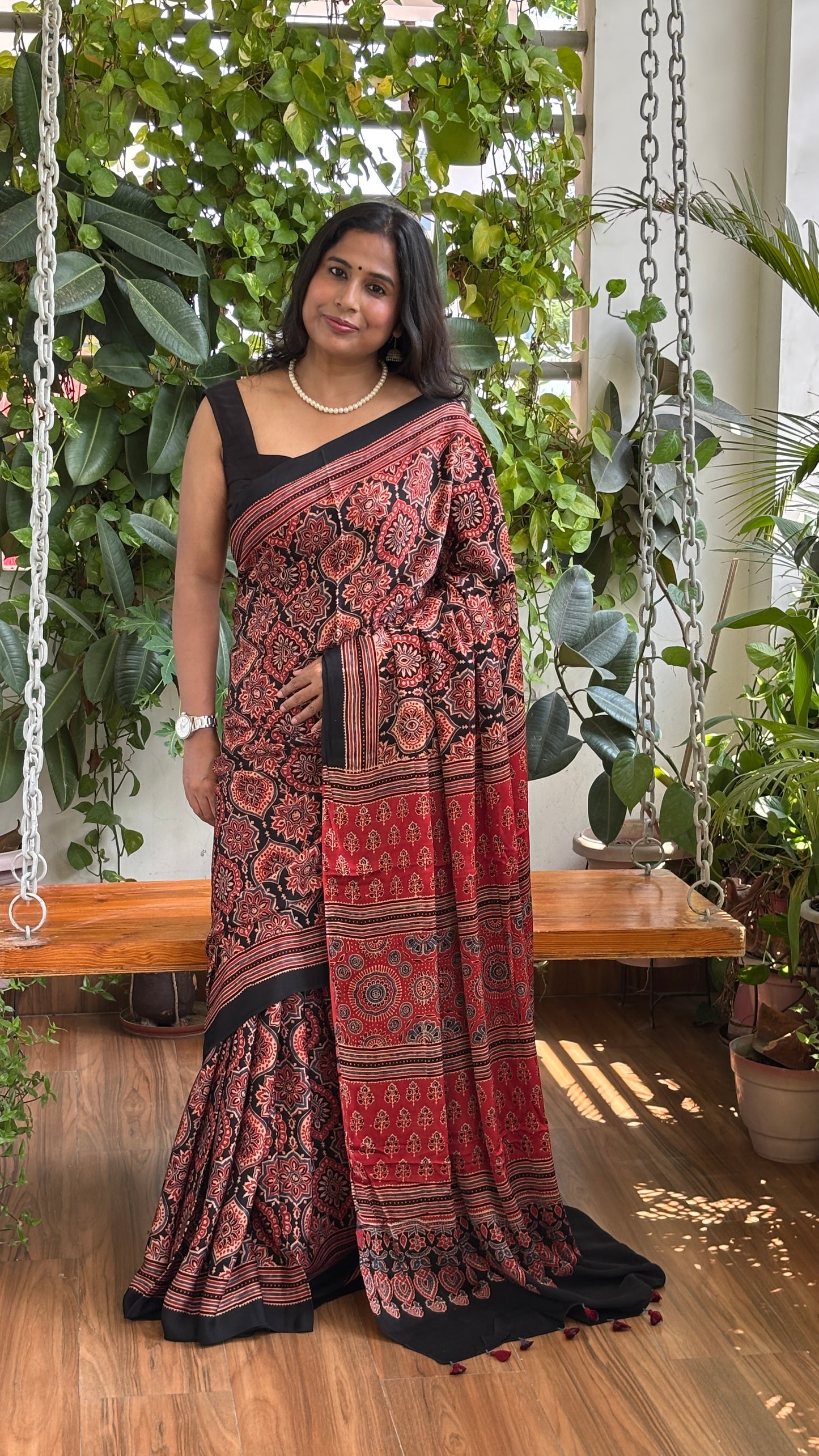 Black Coffee With Twist - Natural Dyed Madder Colour Ajrakh Modal Saree with Traditional Motifs