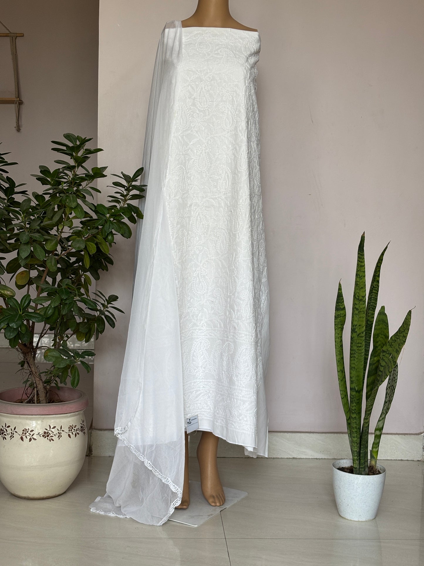 White on White Chikankari Hand Embroidered Cotton Shirt, Bottom and Chiffon Dupatta (Copy)