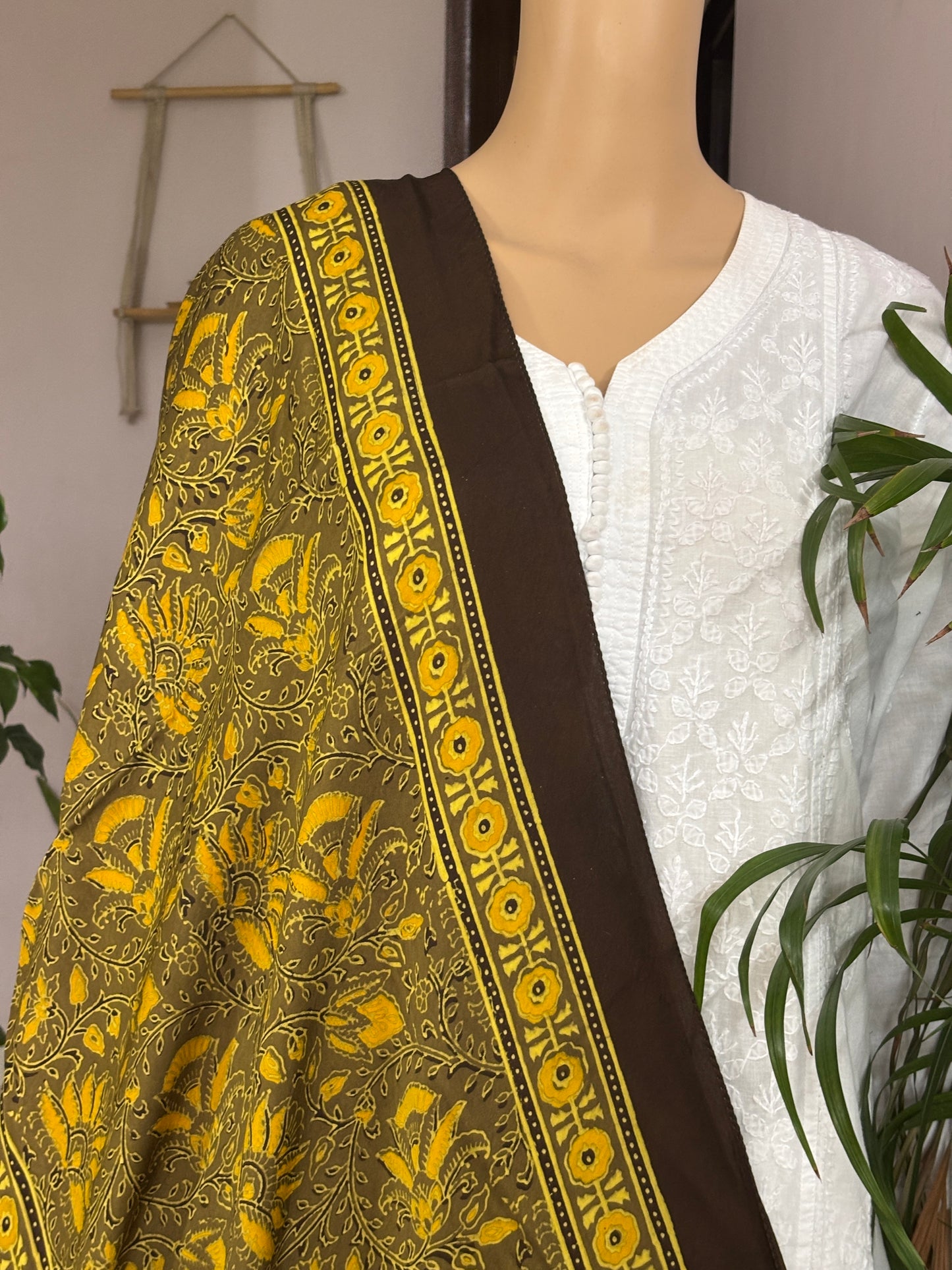 Phool - Kashish and Yellow Colour Ajrakh Modal Stole With Floral Motif