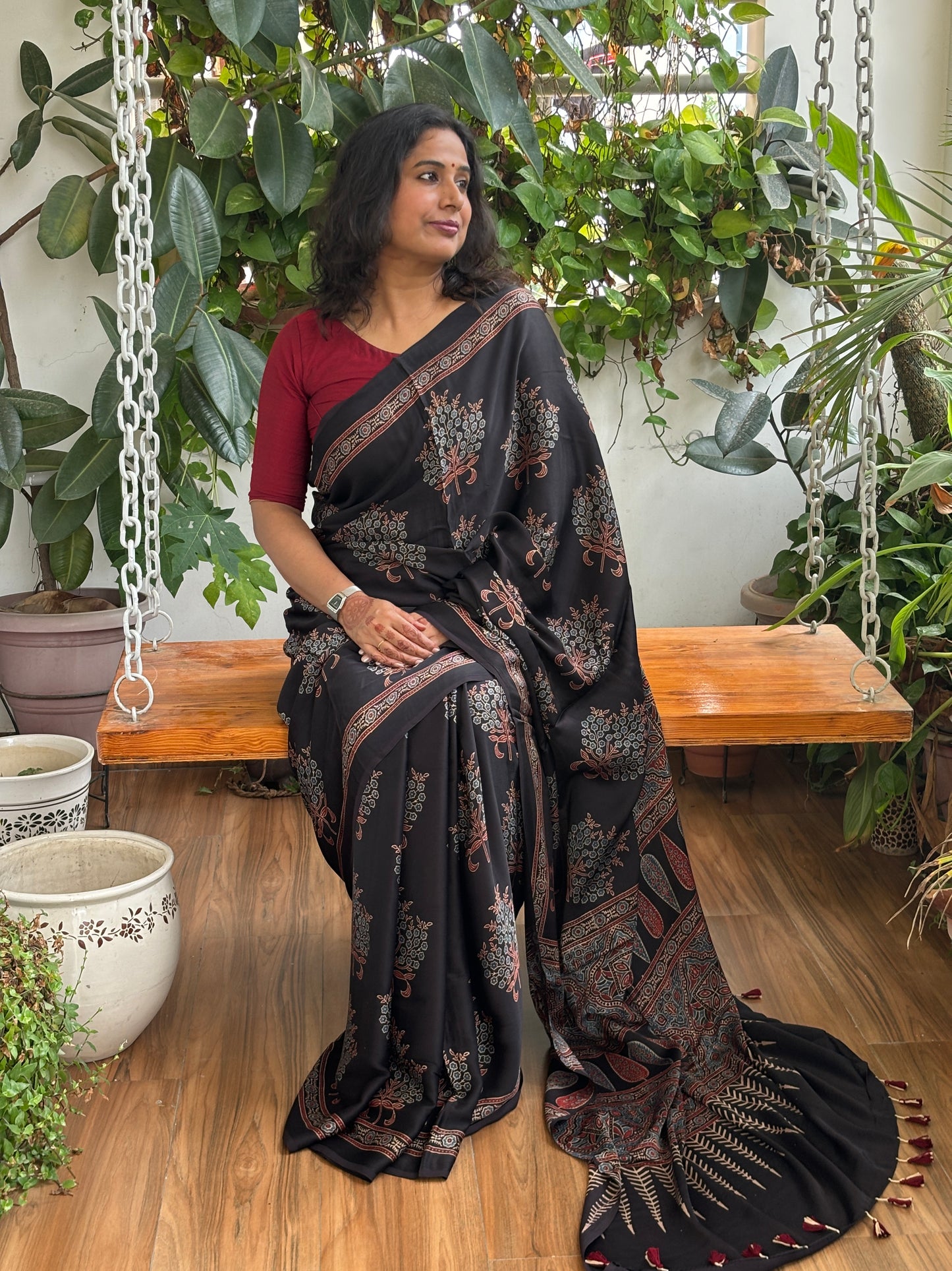 Vatika - Natural Dyed Black Colour Ajrakh Shrub Motif Modal Saree